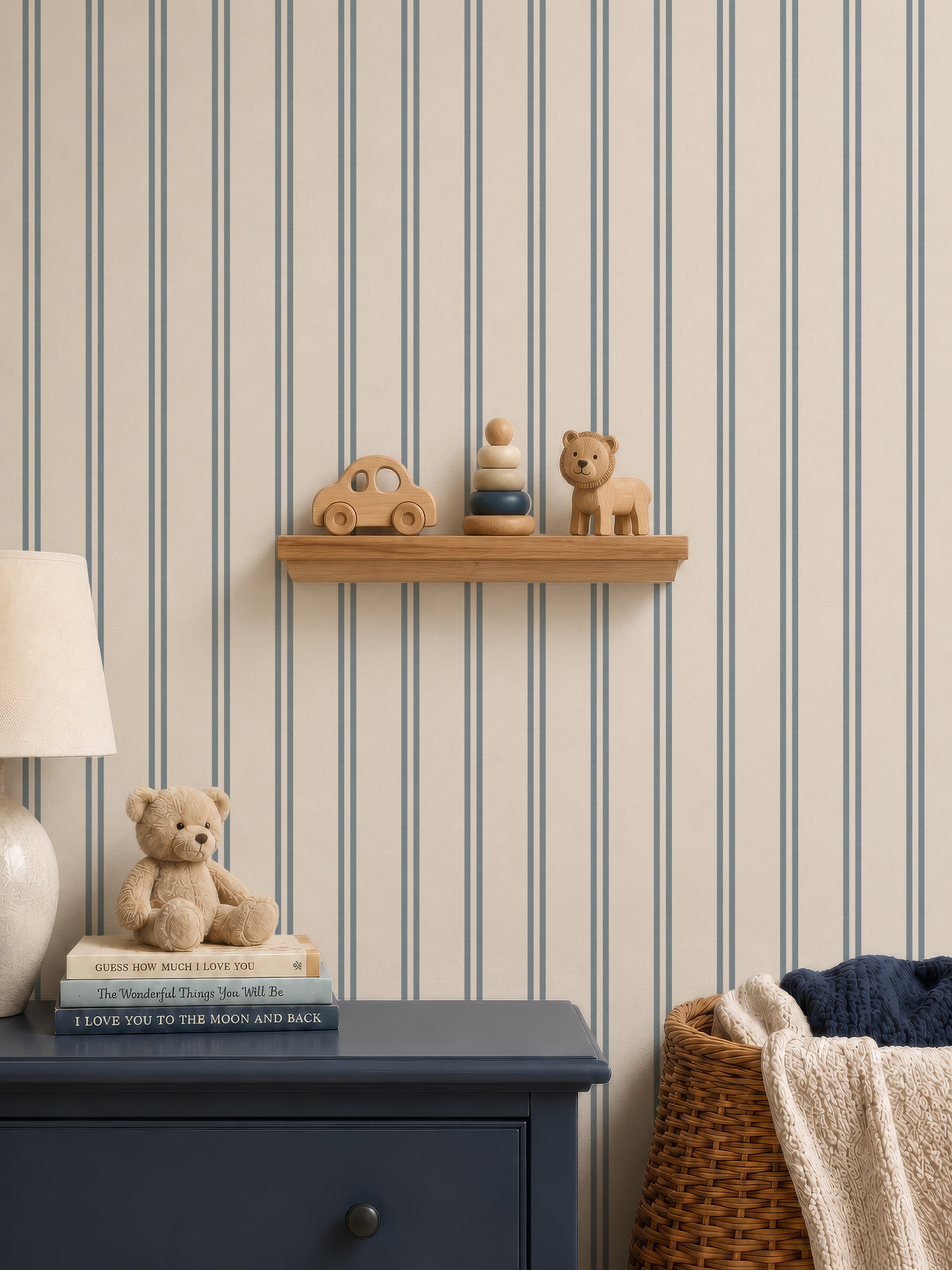 Blue & cream soft double striped Wallpaper with rustic texture