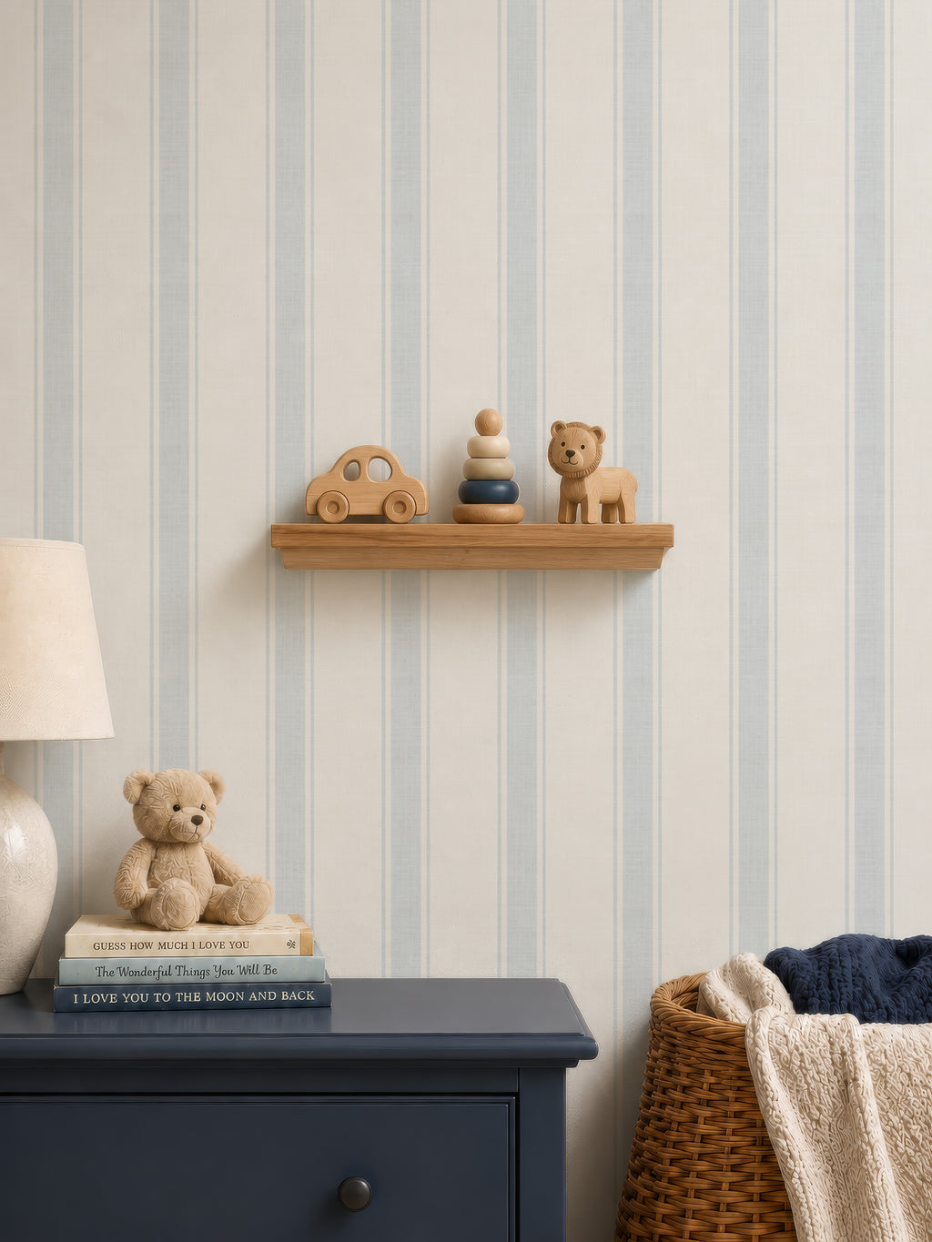 Powder Blue Ticking Striped Wallpaper - smaller scale