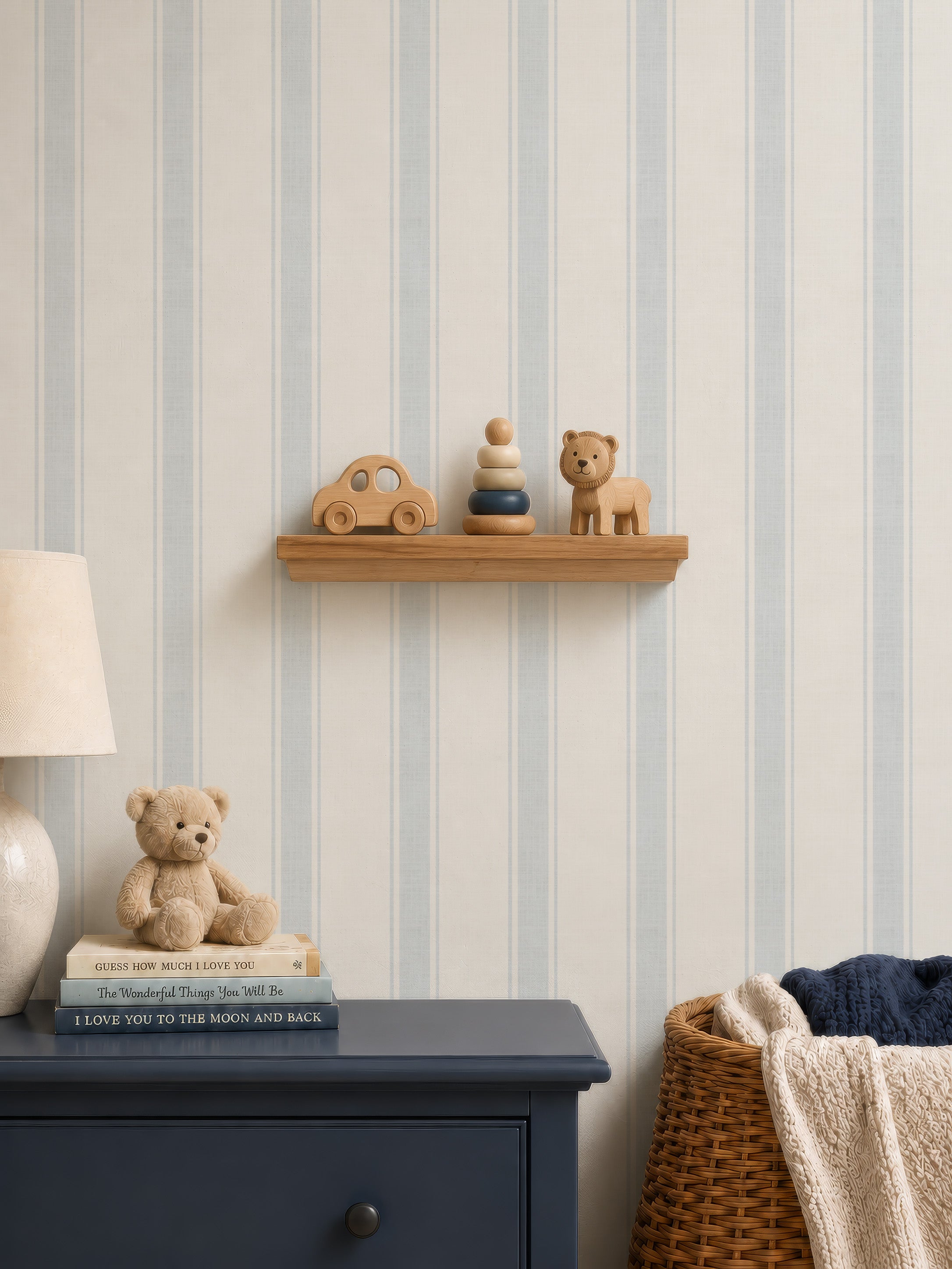 Powder Blue Ticking Striped Wallpaper - smaller scale