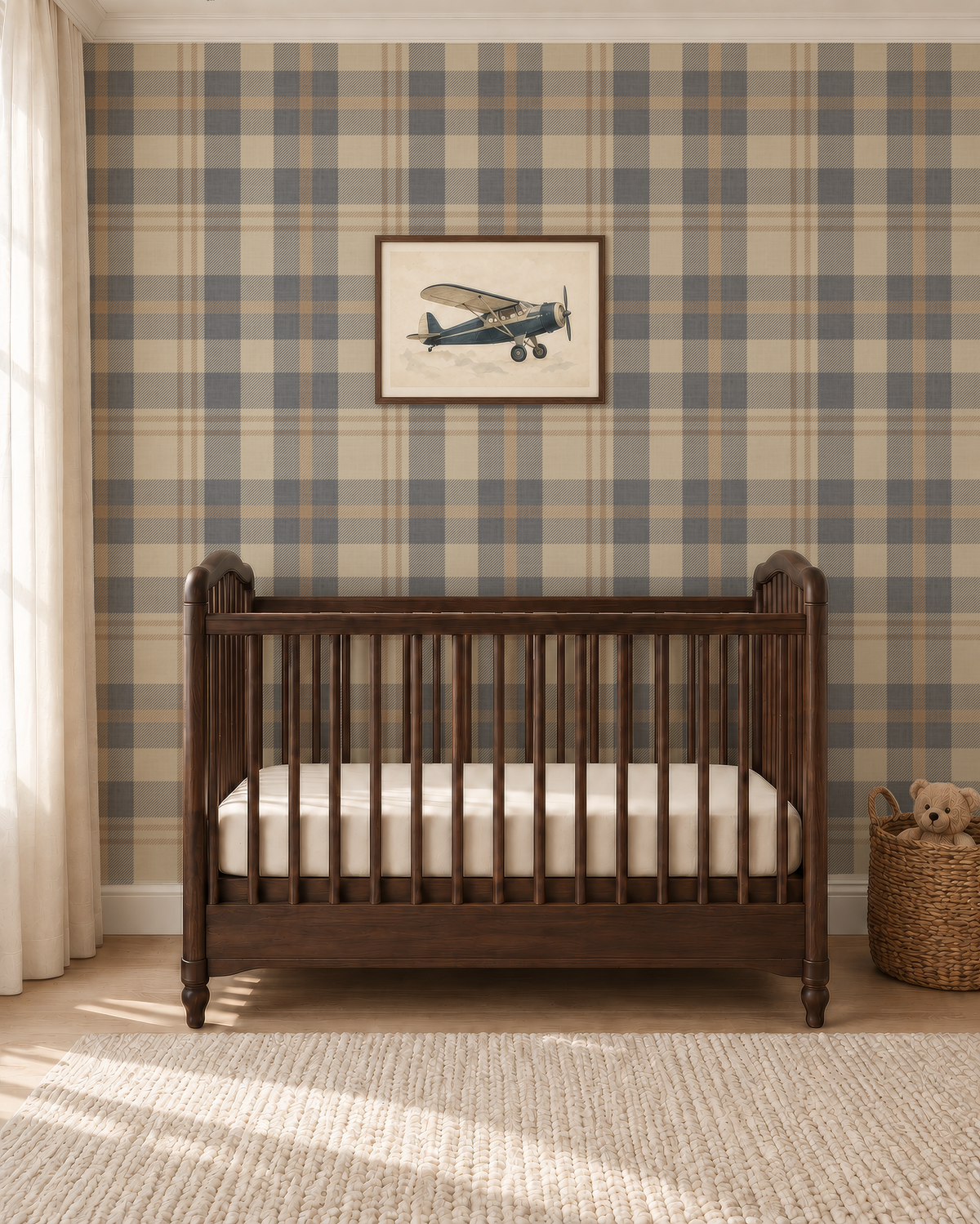Cozy blue and beige Farmhouse Plaid rustic Wallpaper