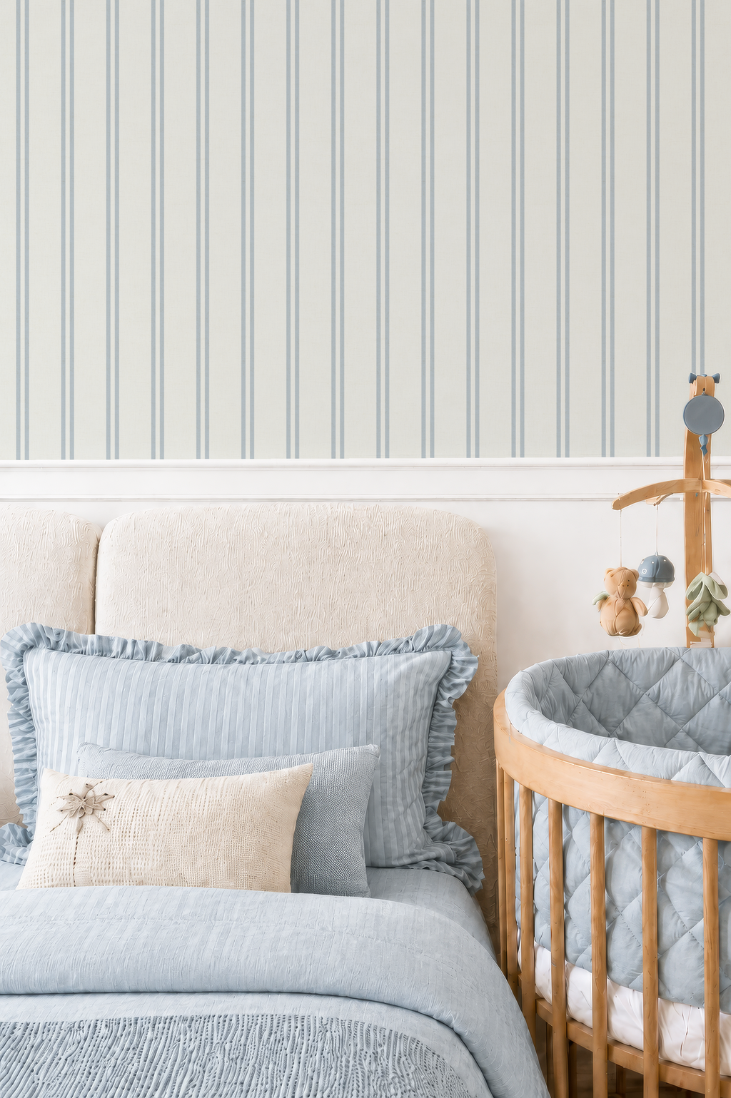 Light Blue Double Ticking Striped Wallpaper | striped Wall Covering Farmhouse Nursery Linen Texture (Removable)