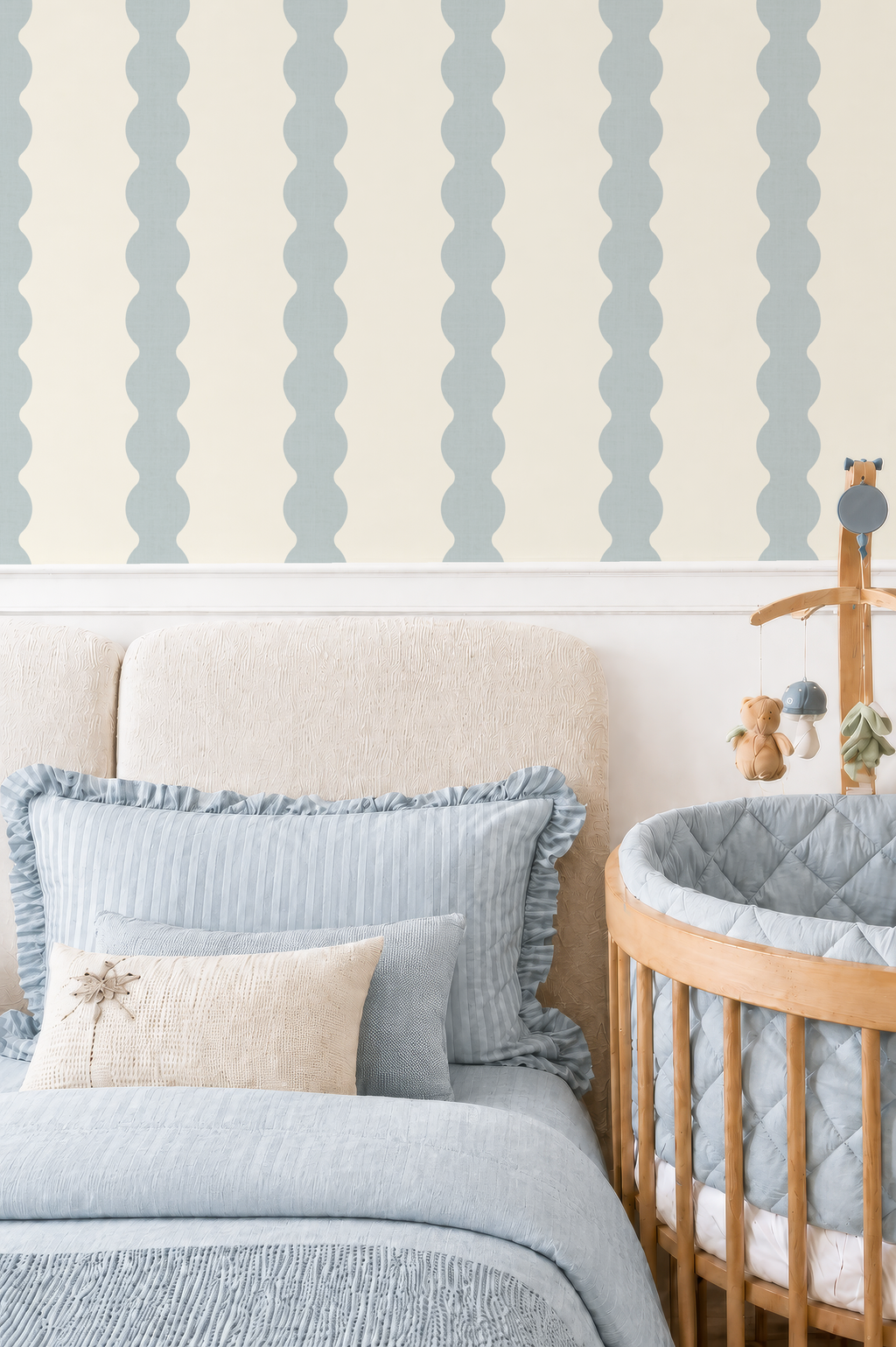 Light Blue Scallop Striped Wallpaper | Wavy boy nursery wall