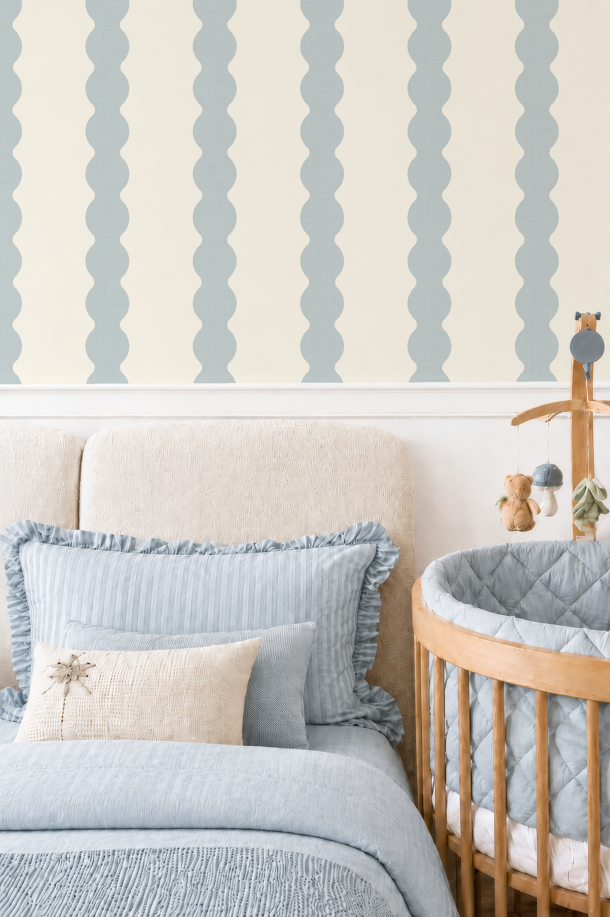 Light Blue Scallop Striped Wallpaper | Wavy boy nursery wall