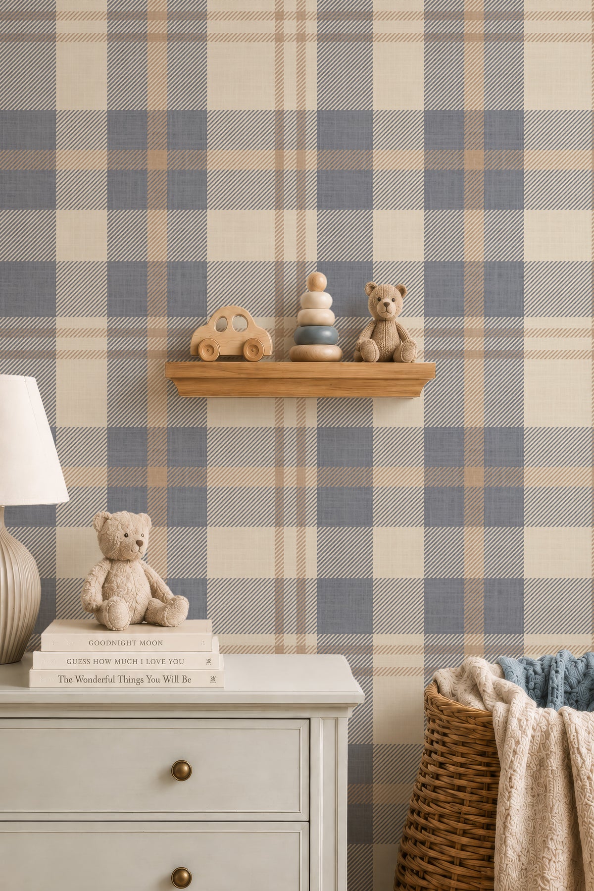 Cozy blue and beige Farmhouse Plaid rustic Wallpaper