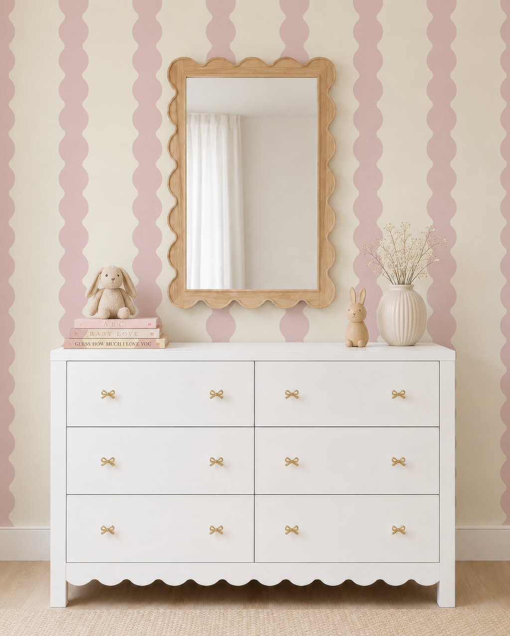 Charming Pink Wavy Striped Wallpaper | Girl Nursery Wall Covering  | Scallop Striped Bathroom Decor