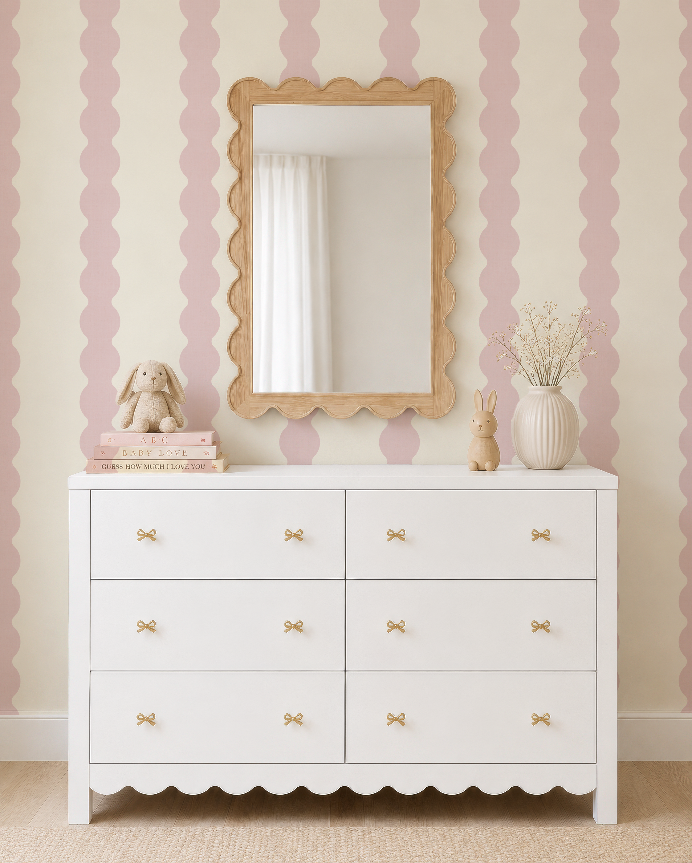 Charming Pink Wavy Striped Wallpaper | Girl Nursery Wall Covering  | Scallop Striped Bathroom Decor