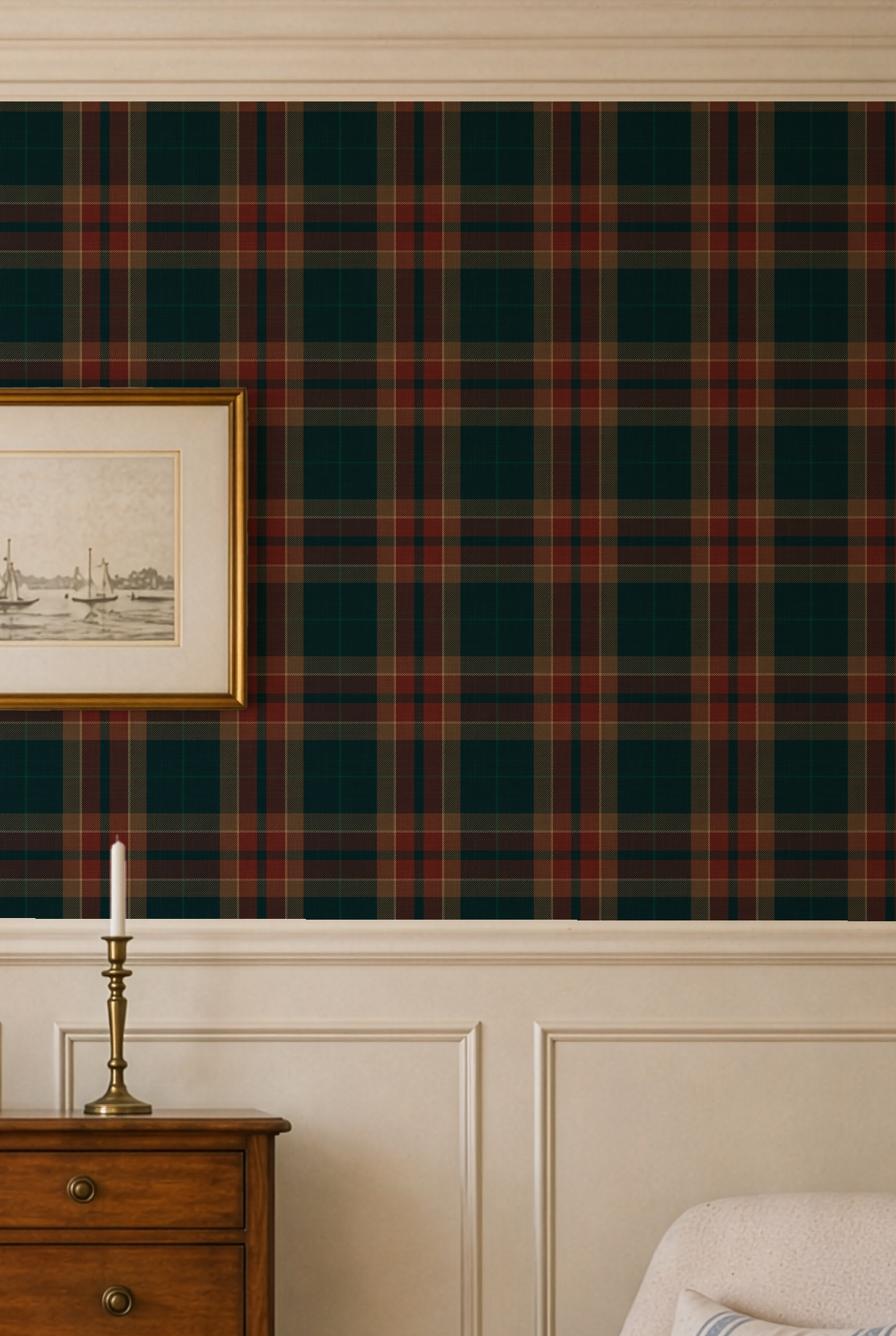 Moody Red & blue farmhouse Plaid Wallpaper