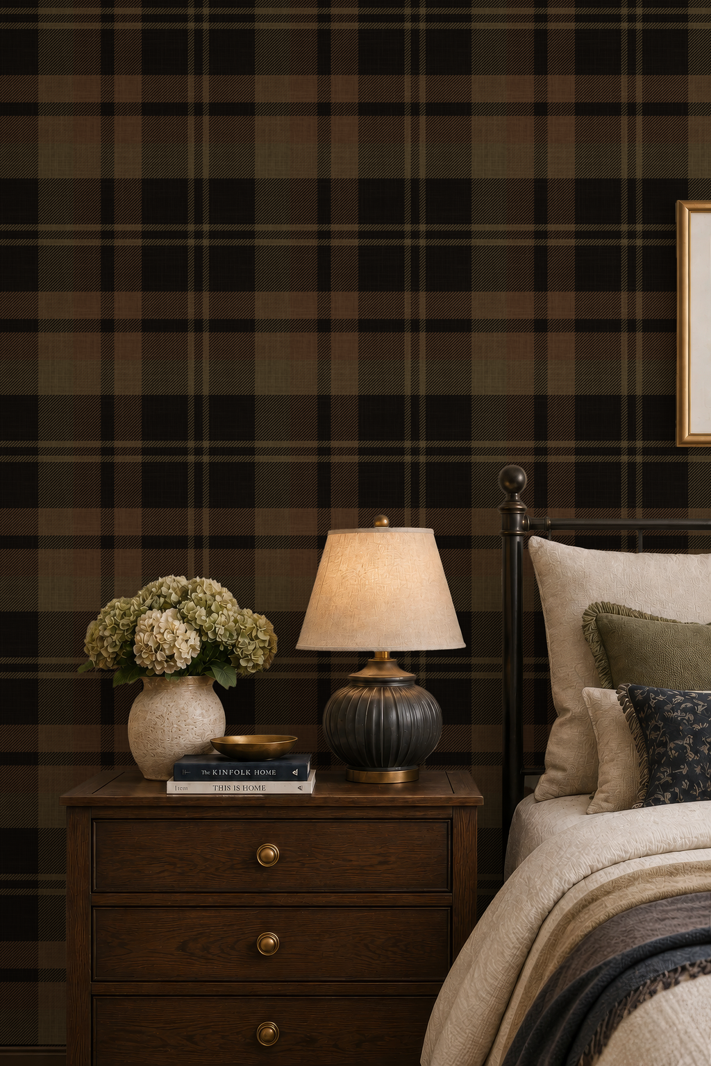 Dark black Plaid removable peel & stick Wallpaper: rustic dark brown olive green Wall covering - cozy farmhouse interior - grasscloth option