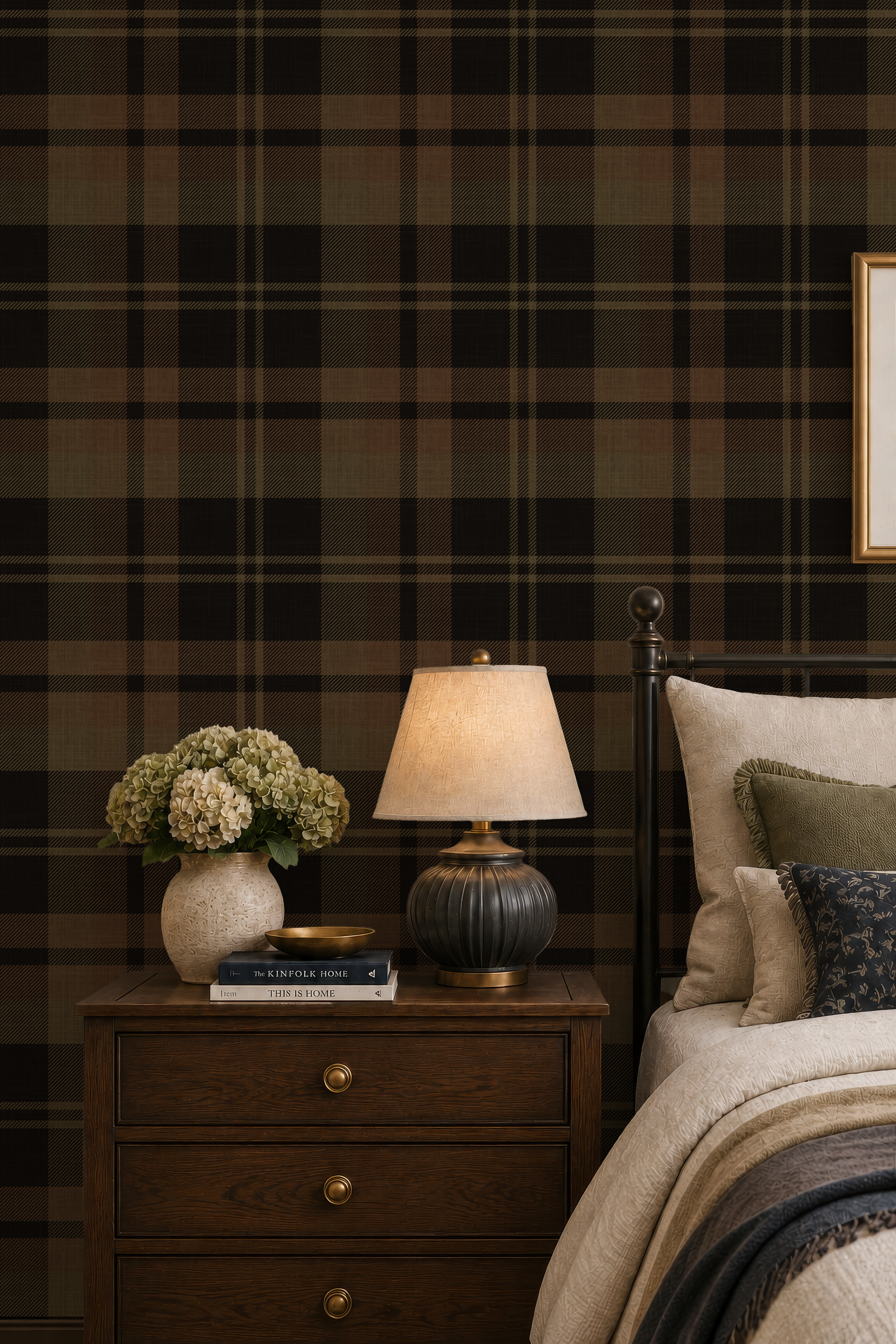 Dark black Plaid removable peel & stick Wallpaper: rustic dark brown olive green Wall covering - cozy farmhouse interior - grasscloth option