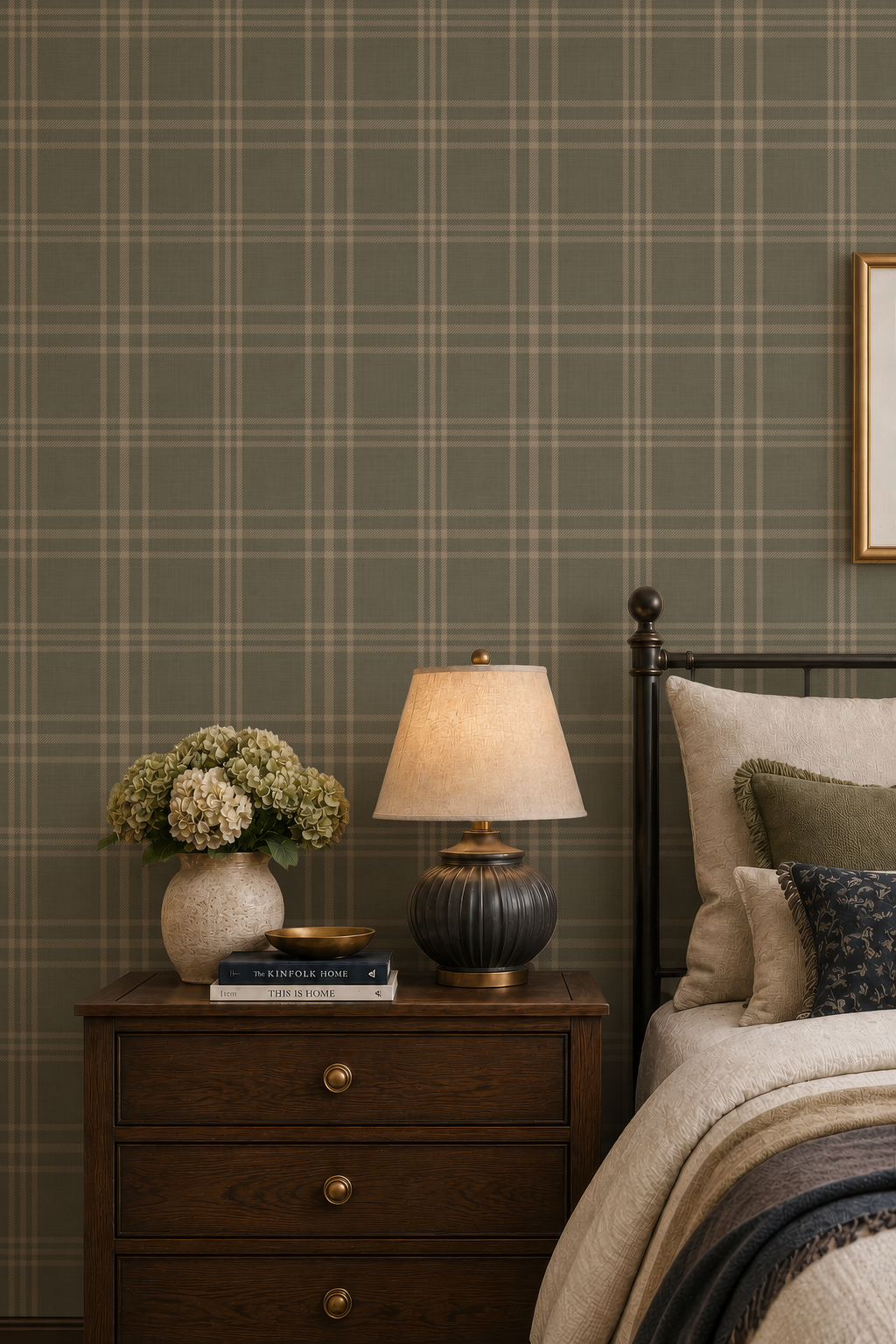 Rustic Sage Green Plaid Tartan Farmhouse Wallpaper