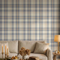 Neutral blue and beige Plaid Wallpaper