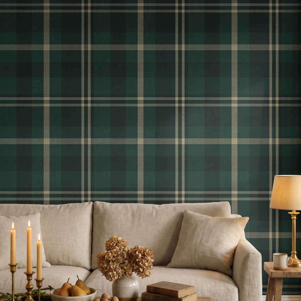 Dark Forest Green Tartan Plaid - Serene Farmhouse Wallpaper
