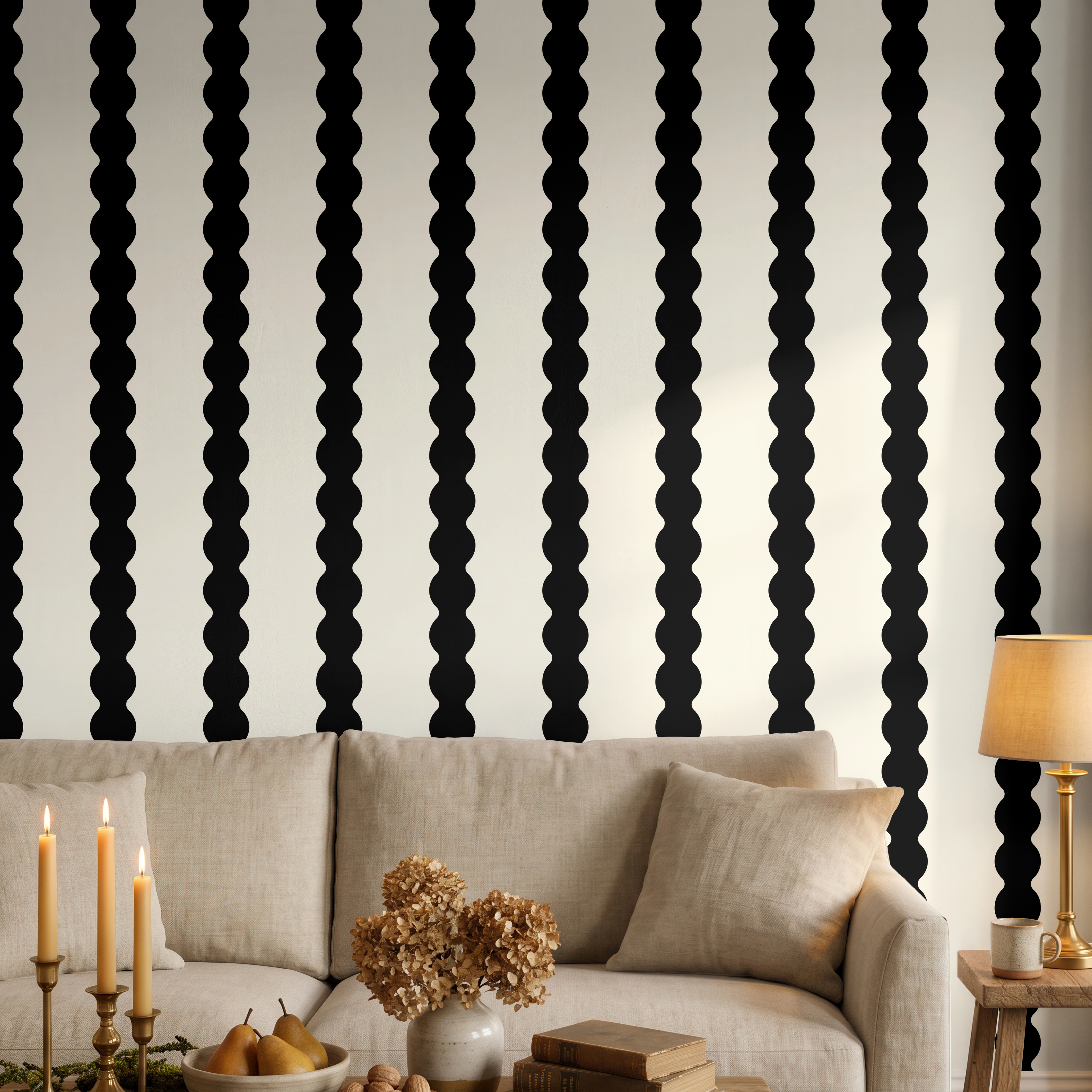 Black & cream wavy striped wallpaper