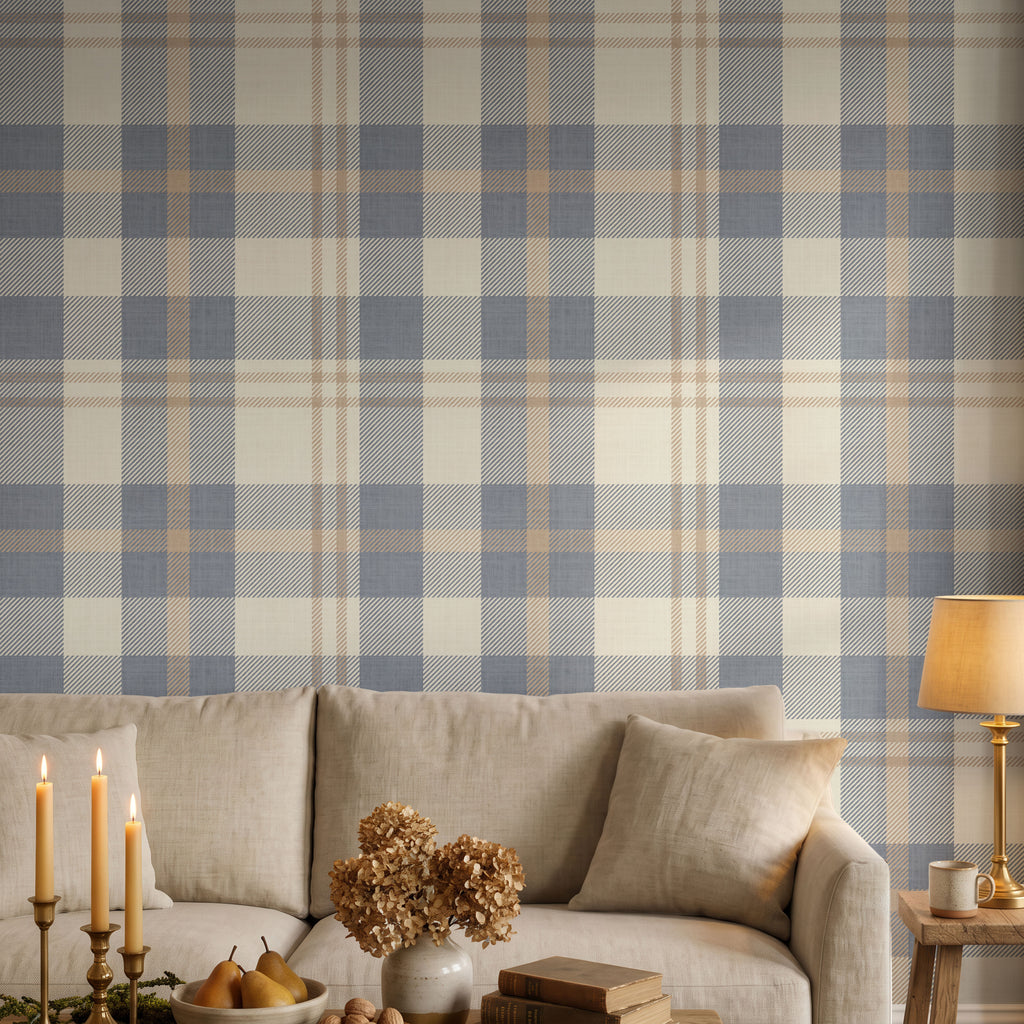 Cozy blue and beige Farmhouse Plaid rustic Wallpaper