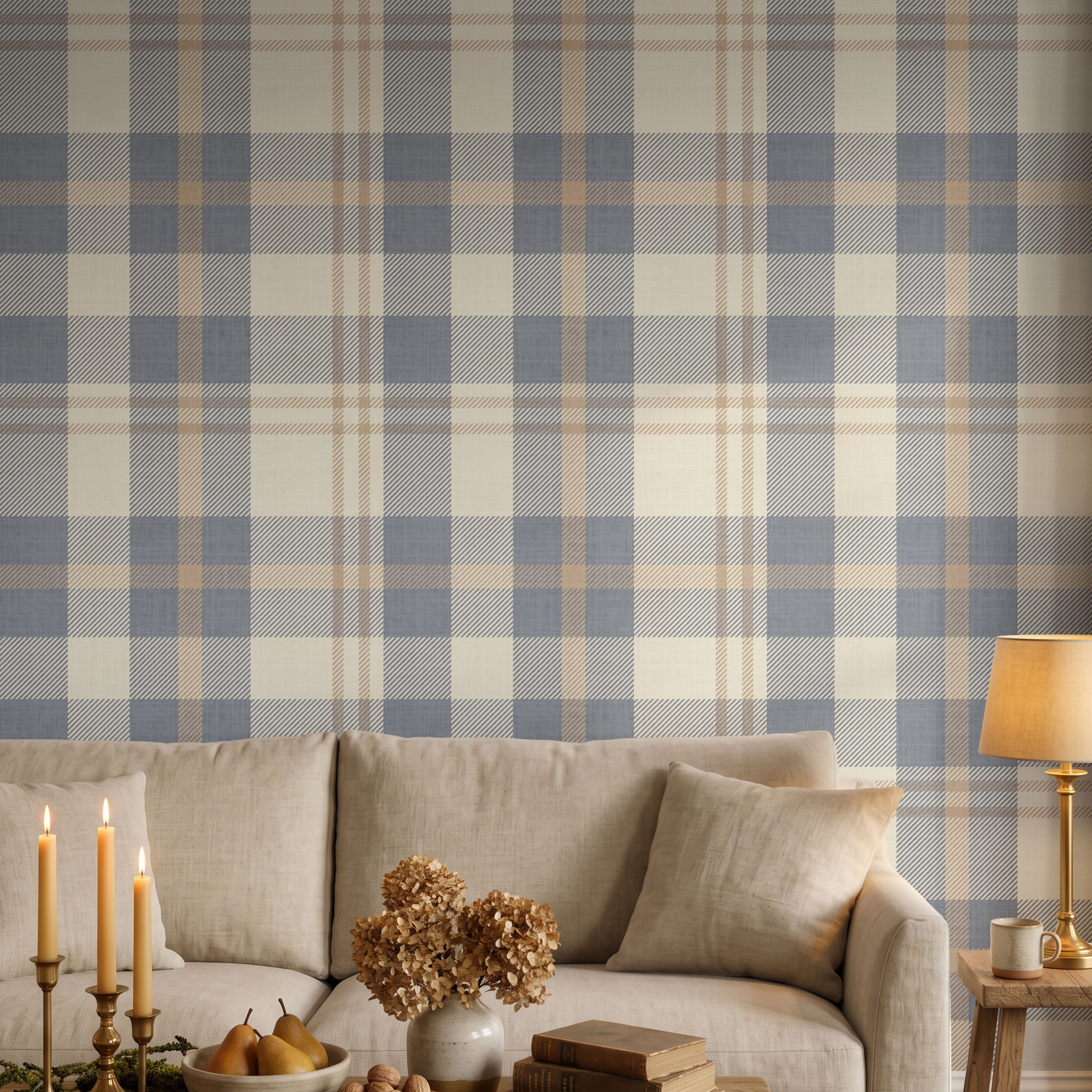 Cozy blue and beige Farmhouse Plaid rustic Wallpaper