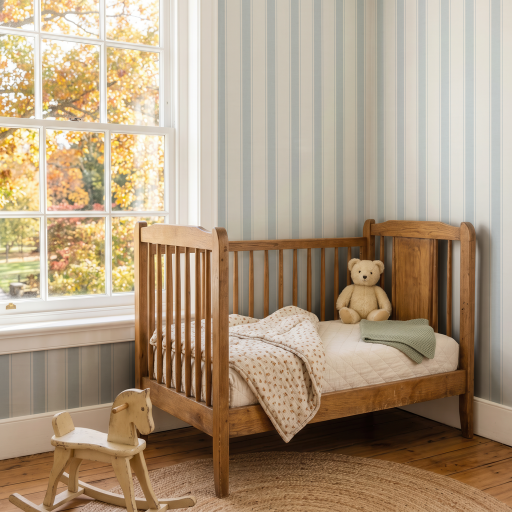 Blue ticking striped nursery wallpaper