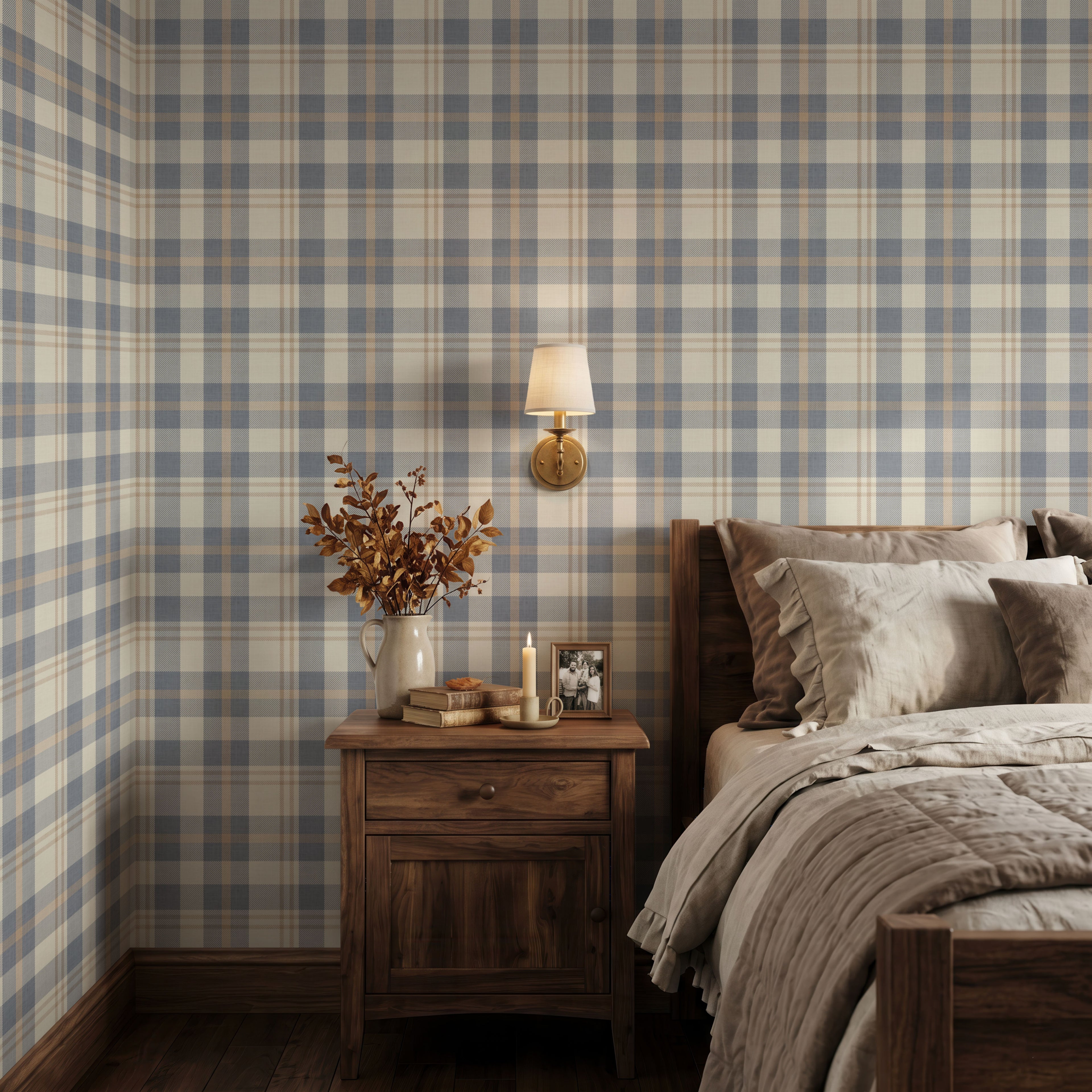 Neutral blue and beige Plaid Wallpaper