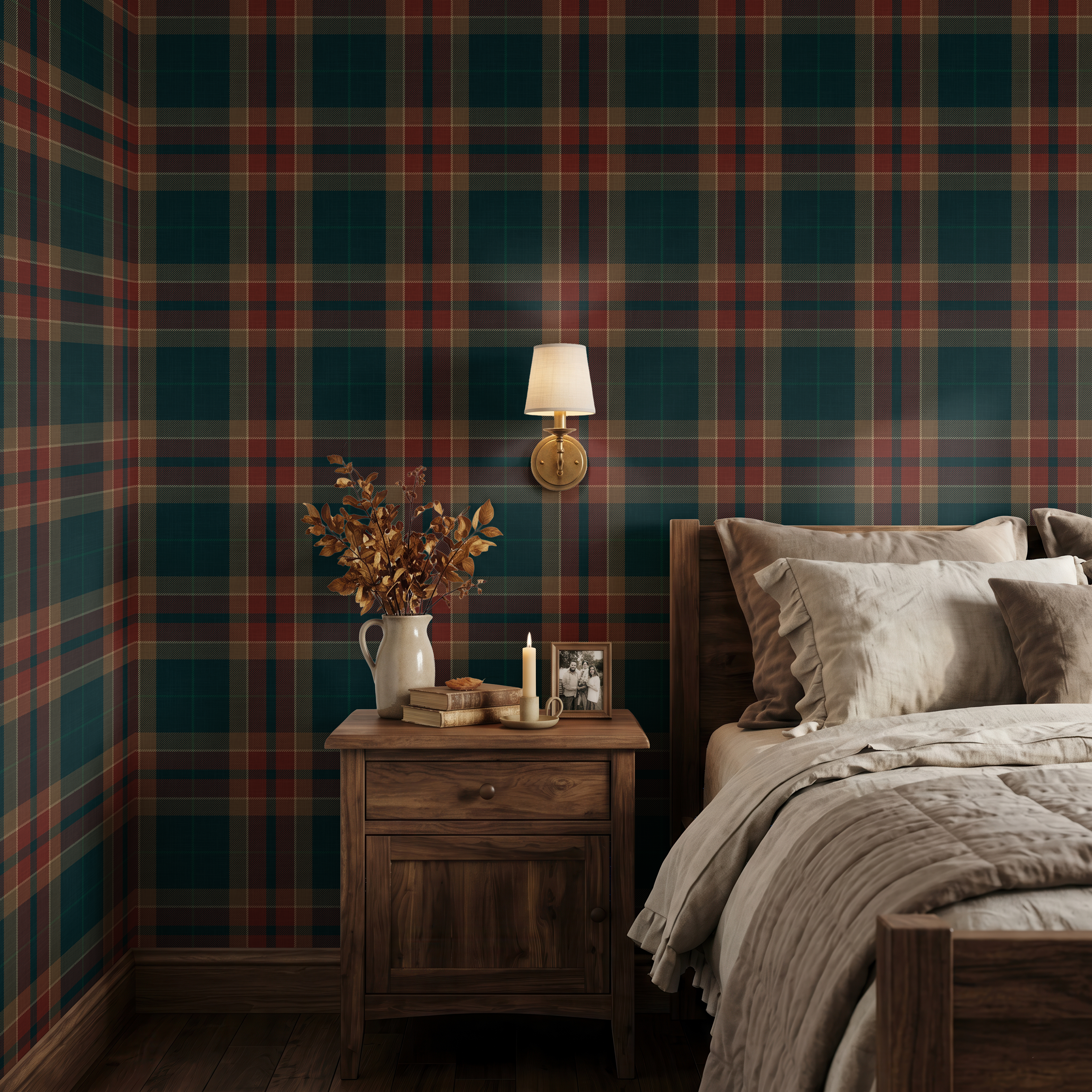 Moody Red & blue farmhouse Plaid Wallpaper
