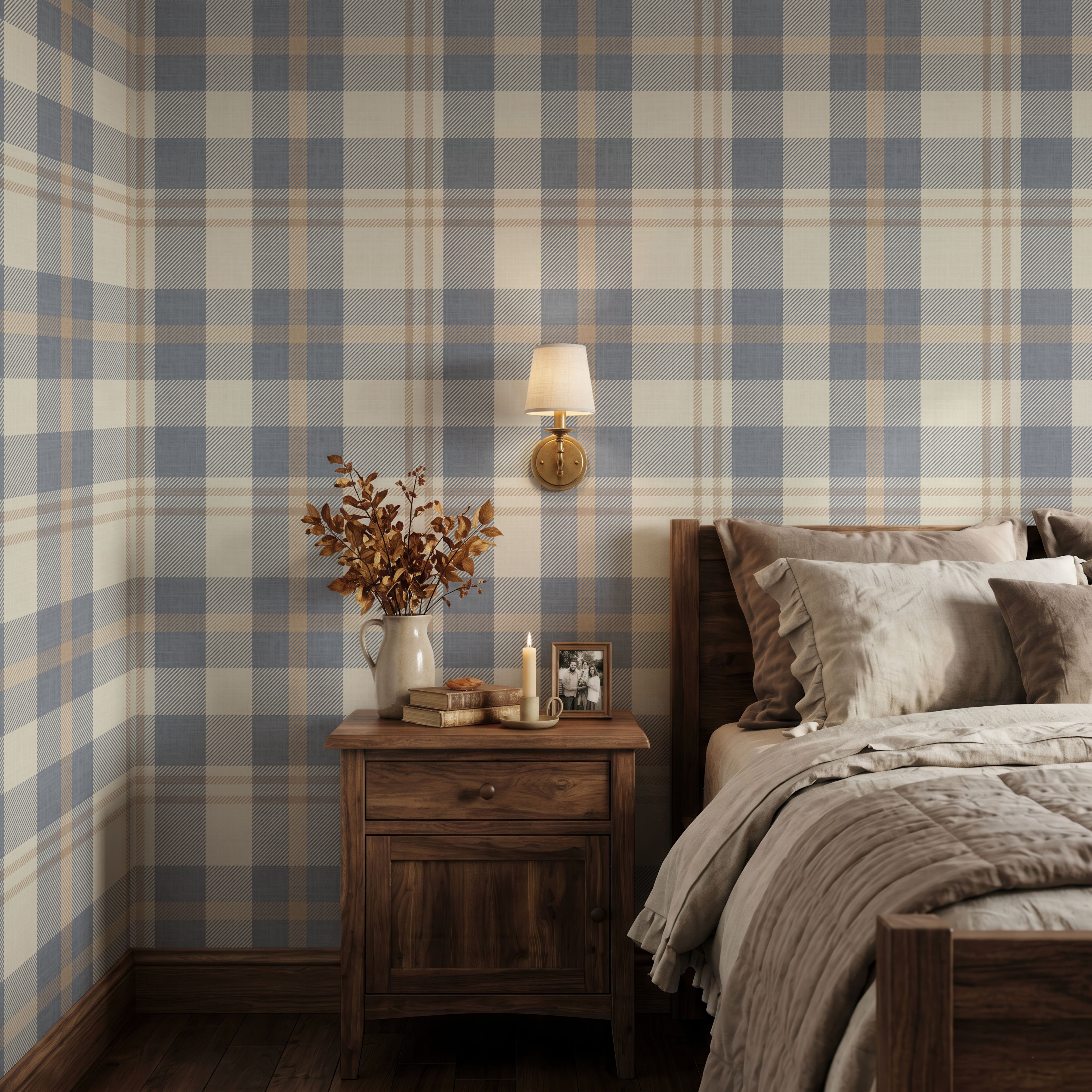 Cozy blue and beige Farmhouse Plaid rustic Wallpaper