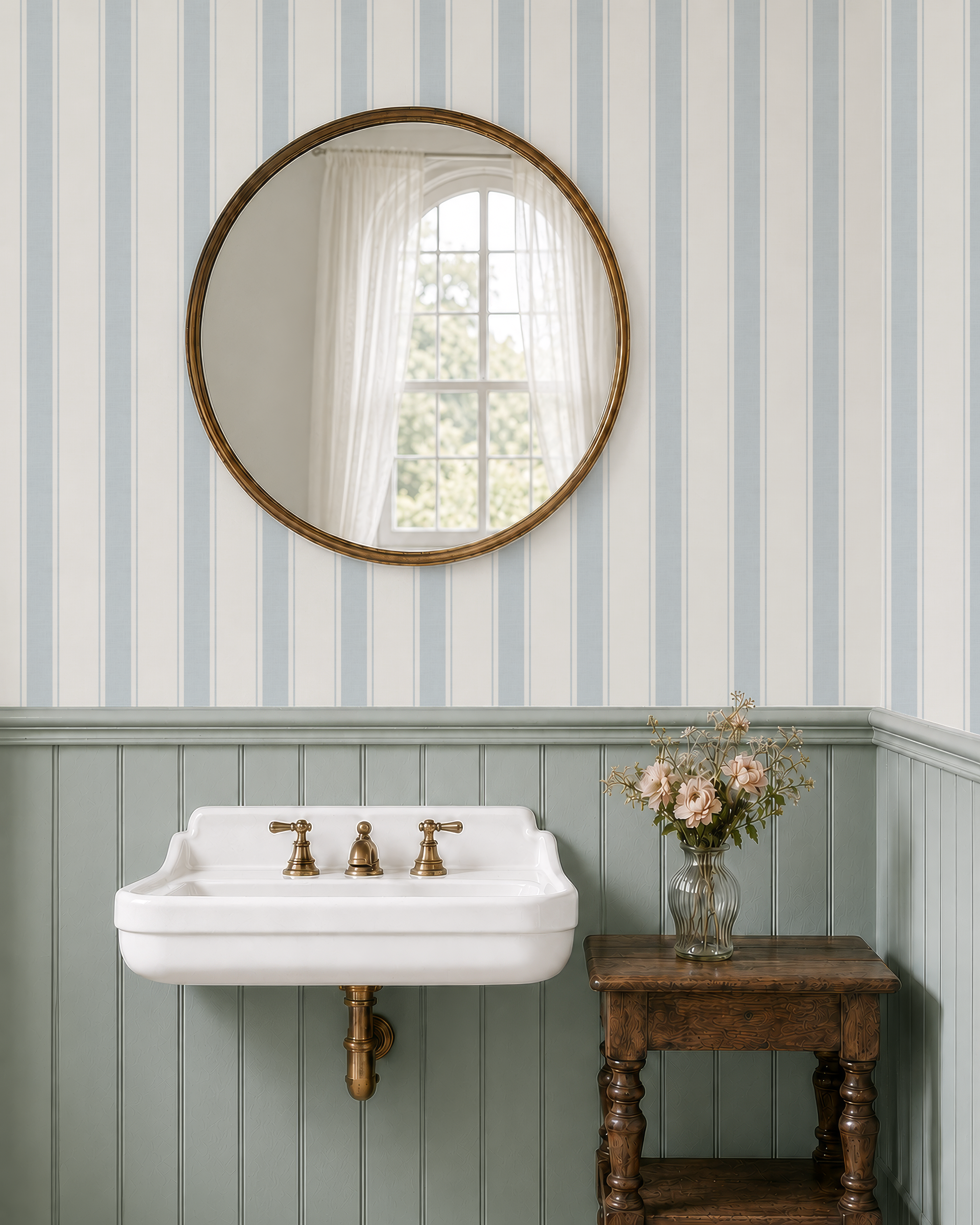 Blue ticking striped nursery wallpaper