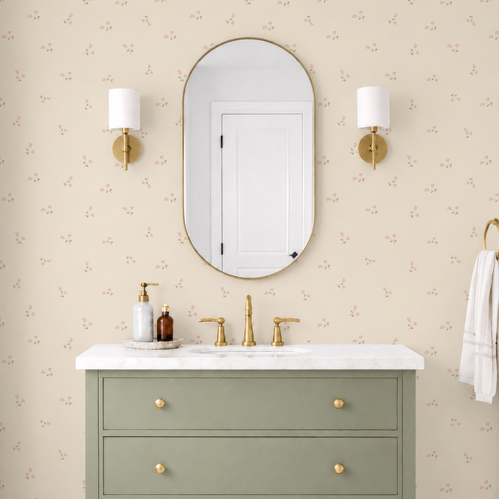 Pink Tiny Wildflower Wallpaper | Vintage Girl Nursery Wall Covering | Soft Rose ditsy floral Cottage Powder Room