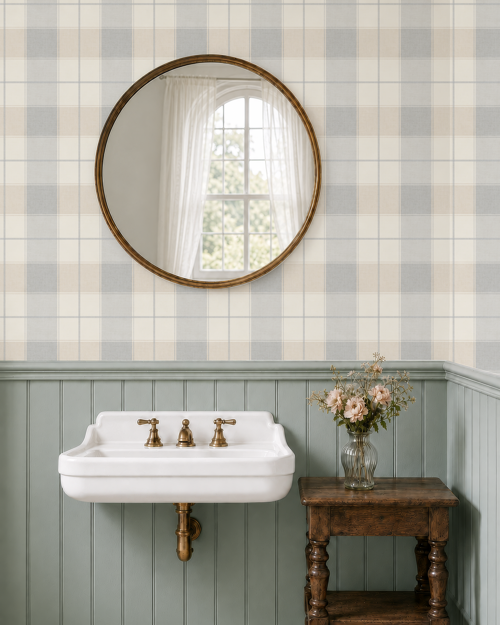 Neutral blue and beige buffalo heritage plaid wallpaper