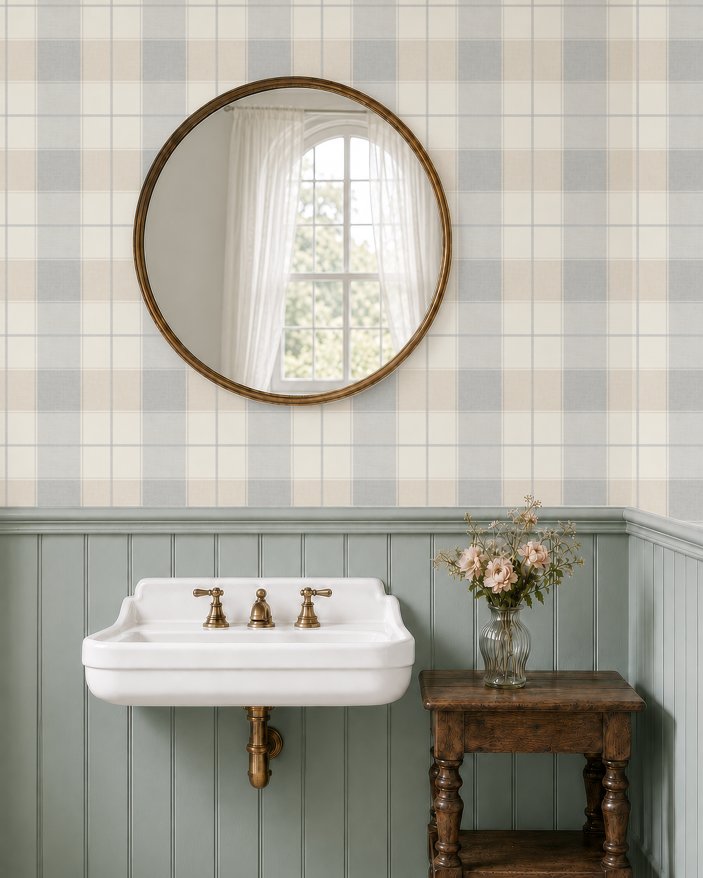 Neutral blue and beige buffalo heritage plaid wallpaper