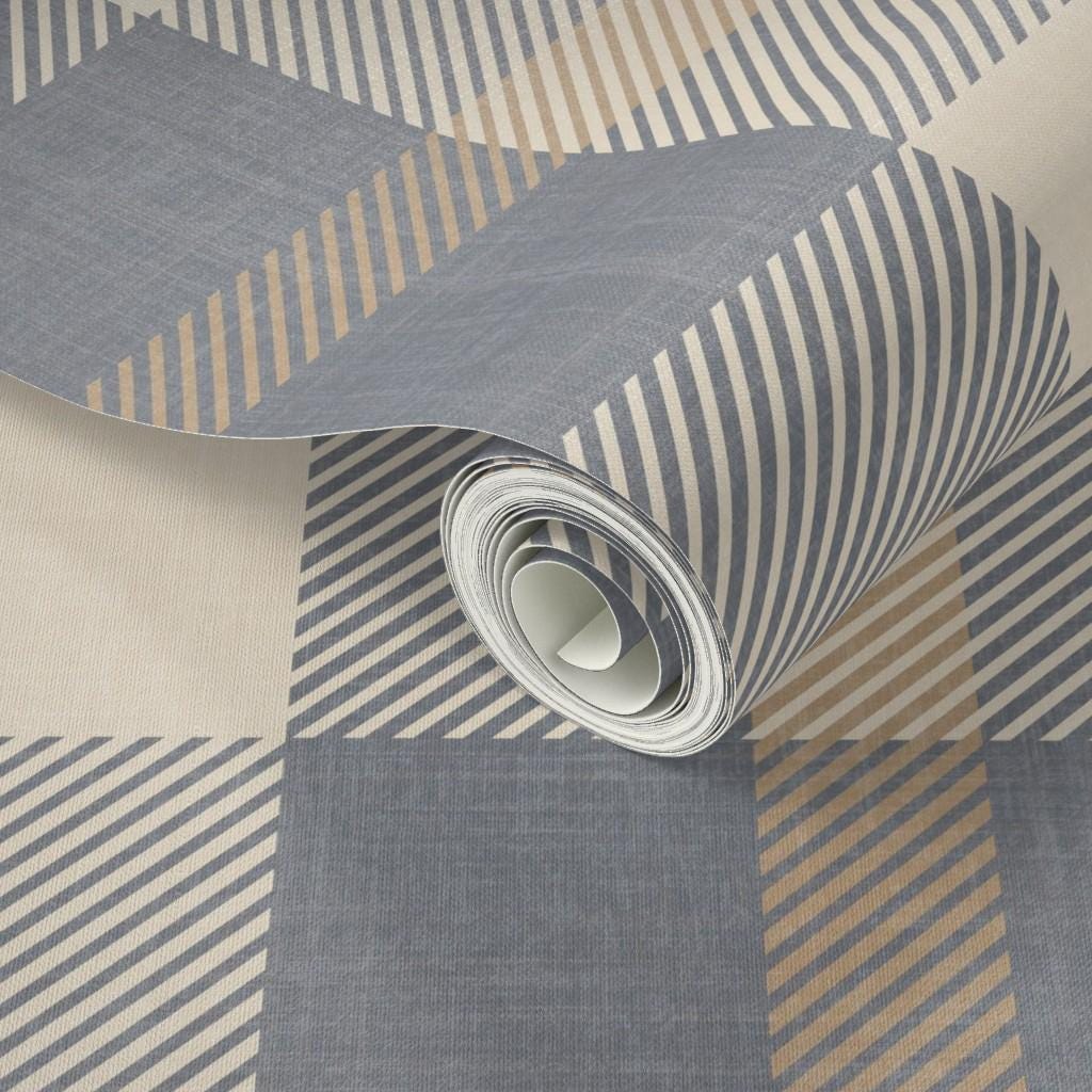 Neutral blue and beige Plaid Wallpaper – Nordic plaid design Farmhouse Interiors - Traditional Tartan Wall Decor, Peel & Stick or Grasscloth