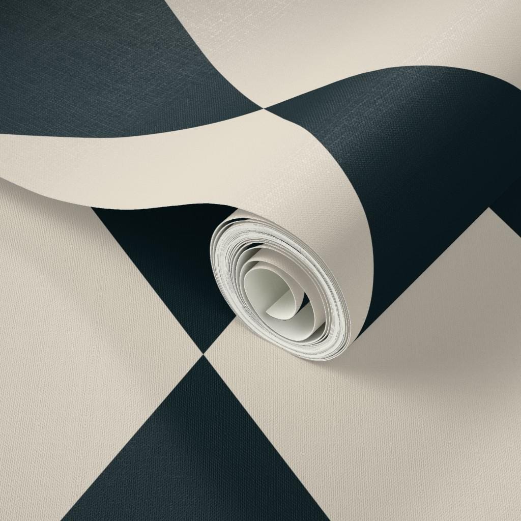 Black and Cream Diamond Wallpaper: vintage elegant checkerboard Harlequin Pattern - FREE SHIPPING
