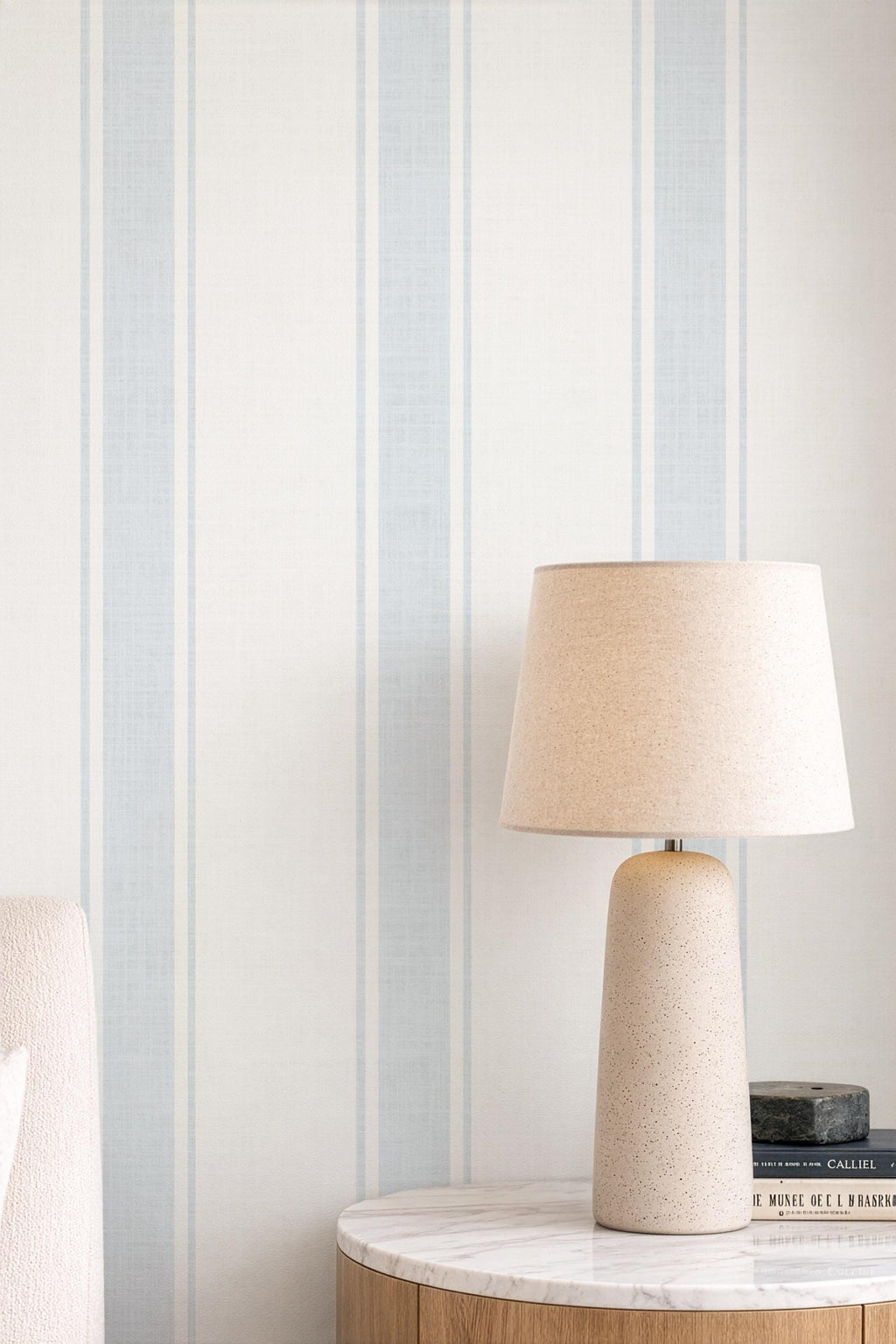 Blue Striped Wallpaper: Wide Stripes with Linen Texture, Coastal Farmhouse Wall Covering, Soft Blue Vintage Stripes, Peel and Stick
