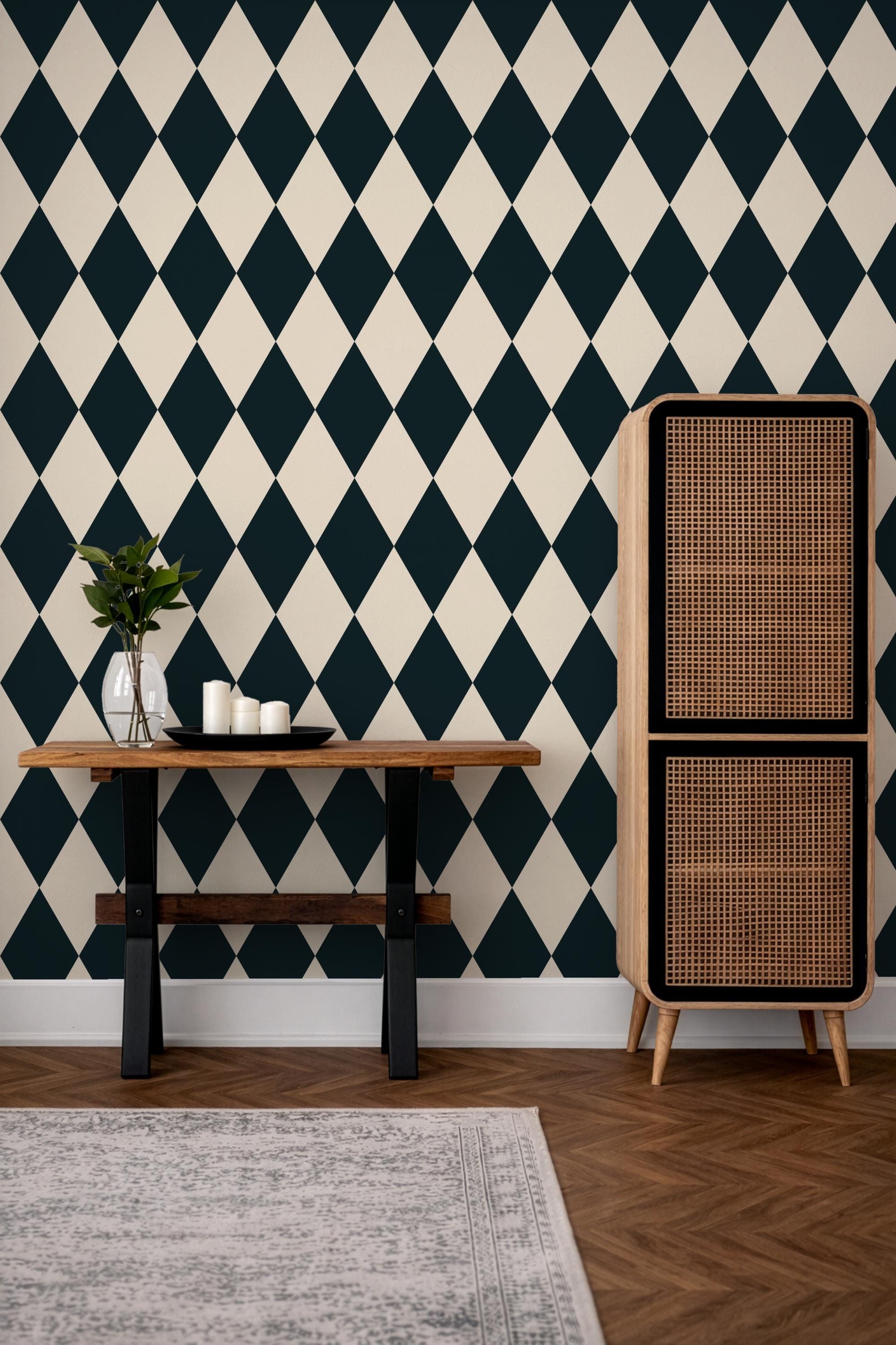 Black and Cream Diamond Wallpaper: vintage elegant checkerboard Harlequin Pattern - FREE SHIPPING