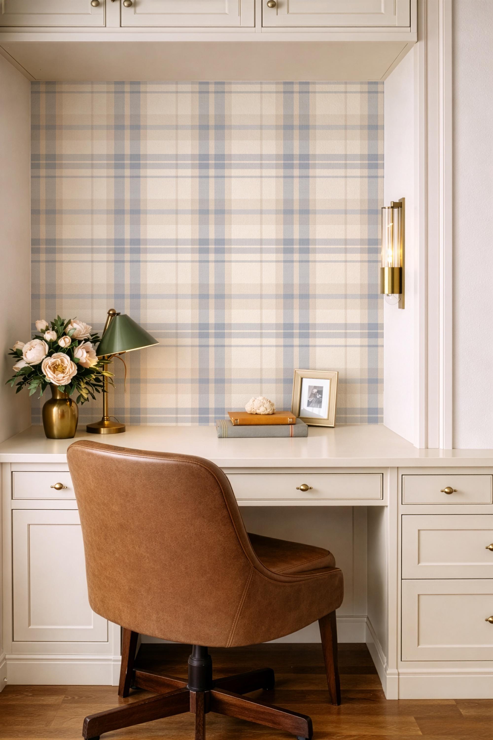 Blue Plaid removable Wallpaper: Modern cozy Cottage Decor soft blue and beige plaid - soft nursery wallpaper - peel and stick wallpaper
