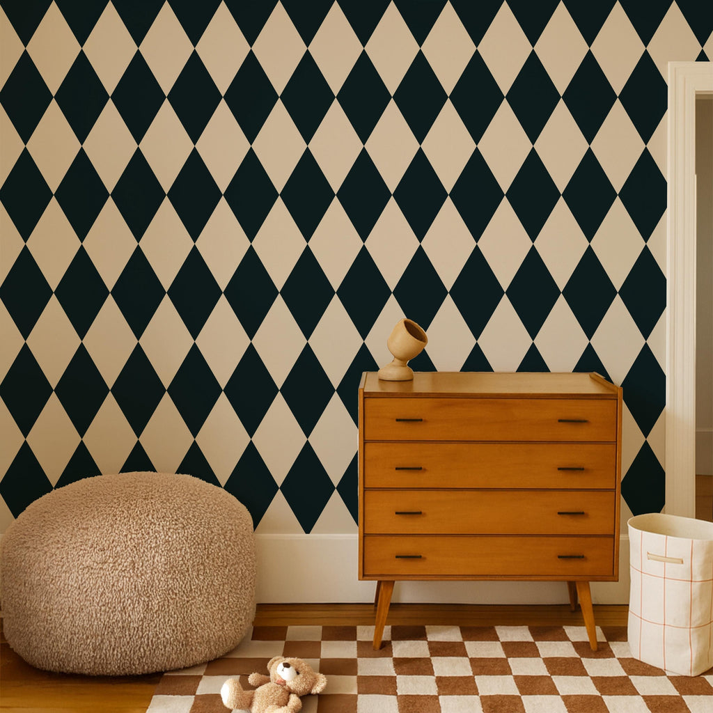 Black and Cream Diamond Wallpaper: vintage elegant checkerboard Harlequin Pattern - FREE SHIPPING