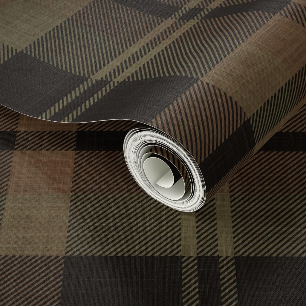 Dark black Plaid removable peel & stick Wallpaper: rustic dark brown olive green Wall covering - cozy farmhouse interior - grasscloth option