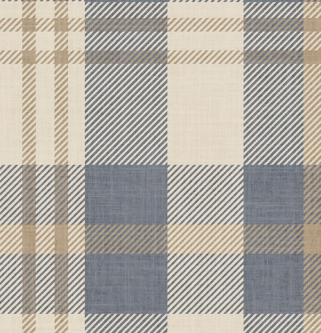 Neutral blue and beige Plaid Wallpaper – Rustic Check Pattern for Cozy Scandinavian & Farmhouse Interiors - FREE SHIPPING
