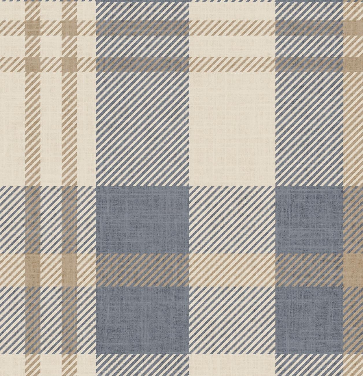 Neutral blue and beige Plaid Wallpaper – Rustic Check Pattern for Cozy Scandinavian & Farmhouse Interiors - FREE SHIPPING