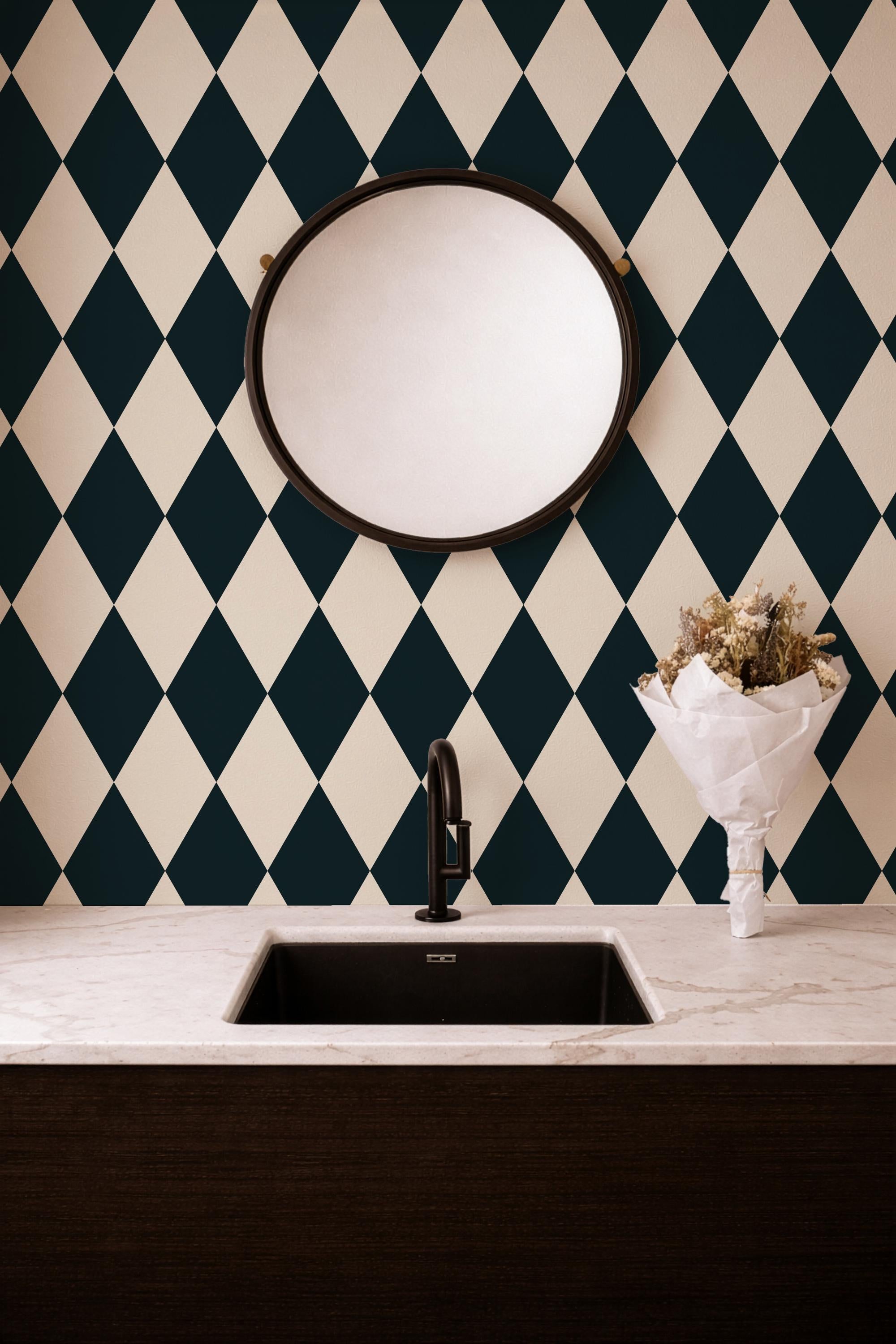 Black and Cream Diamond Wallpaper: vintage elegant checkerboard Harlequin Pattern - FREE SHIPPING