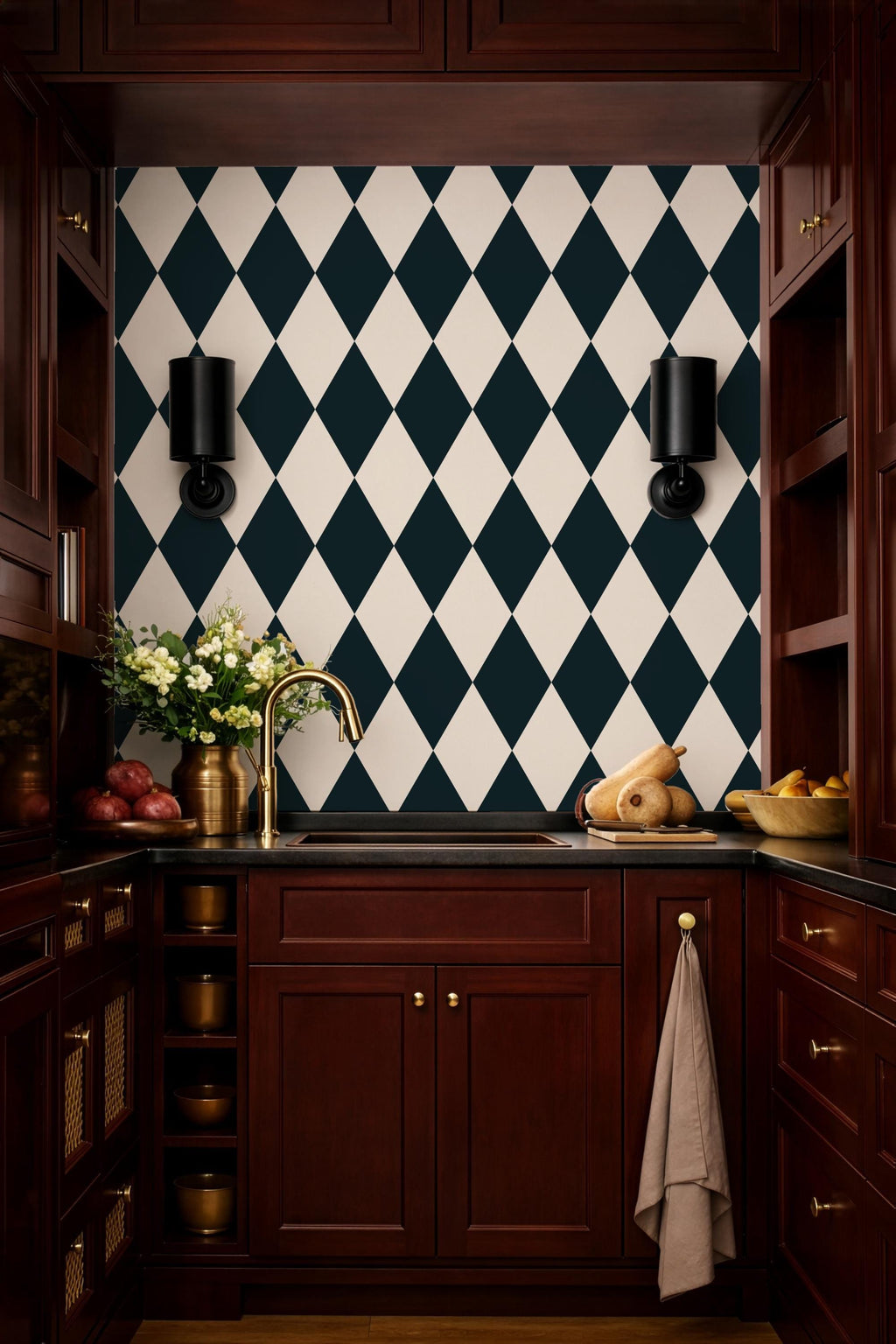 Black and Cream Diamond Wallpaper: vintage elegant checkerboard Harlequin Pattern - FREE SHIPPING