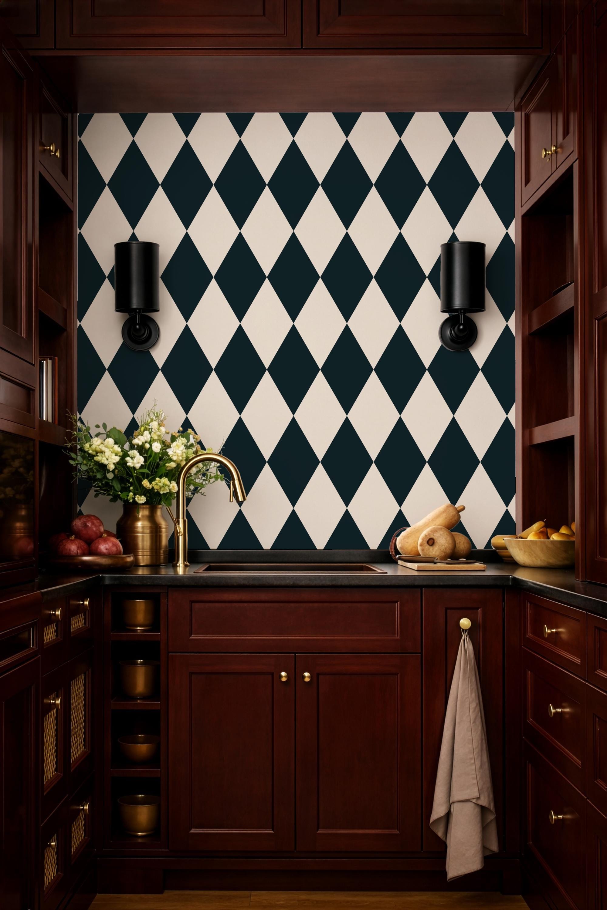 Black and Cream Diamond Wallpaper: vintage elegant checkerboard Harlequin Pattern - FREE SHIPPING