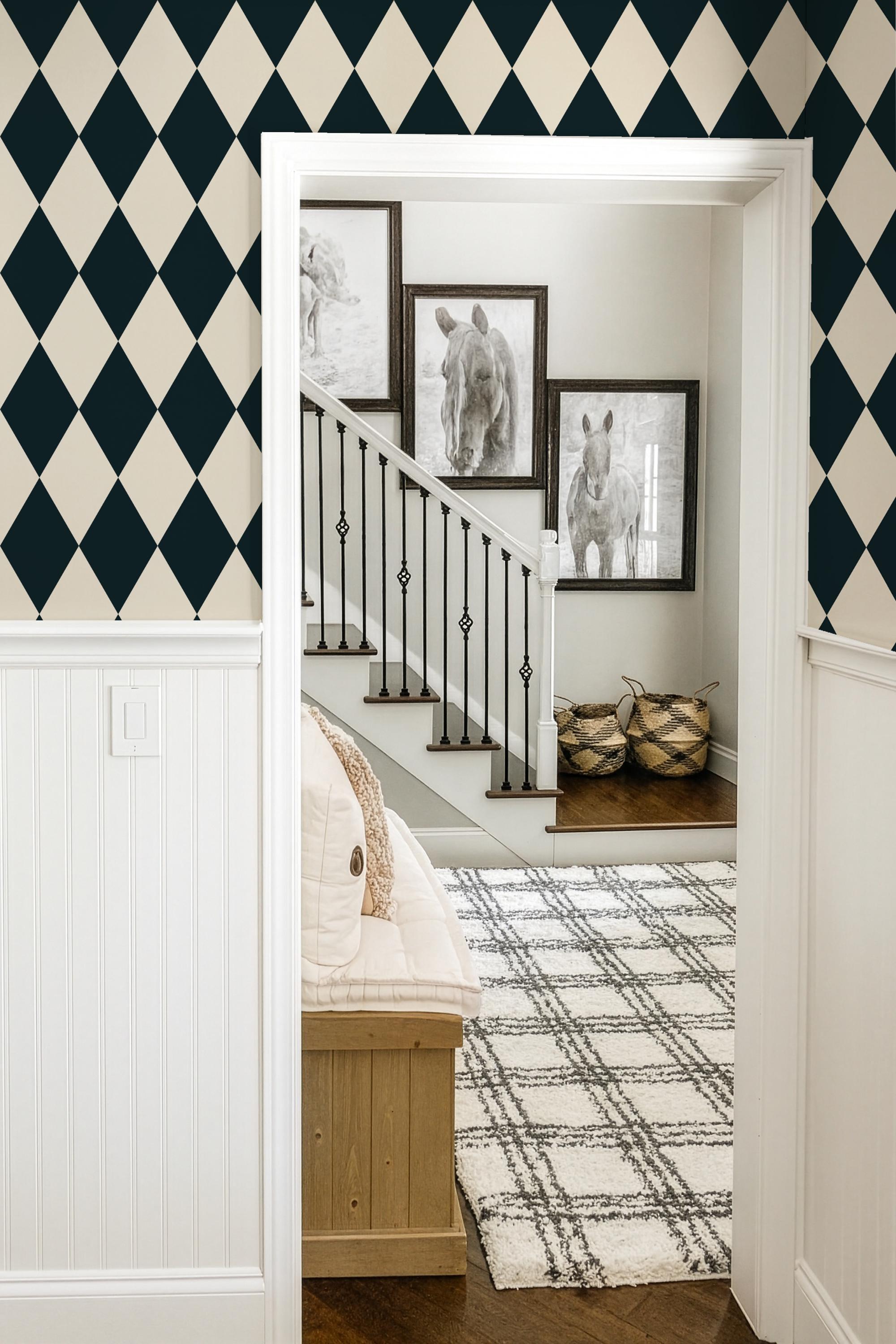 Black and Cream Diamond Wallpaper: vintage elegant checkerboard Harlequin Pattern - FREE SHIPPING