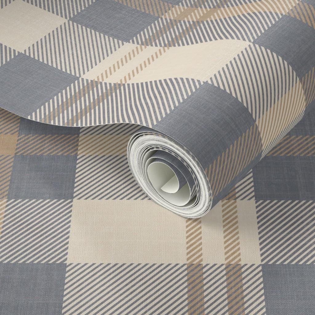Neutral blue and beige Plaid Wallpaper – Rustic Check Pattern for Cozy Scandinavian & Farmhouse Interiors - FREE SHIPPING