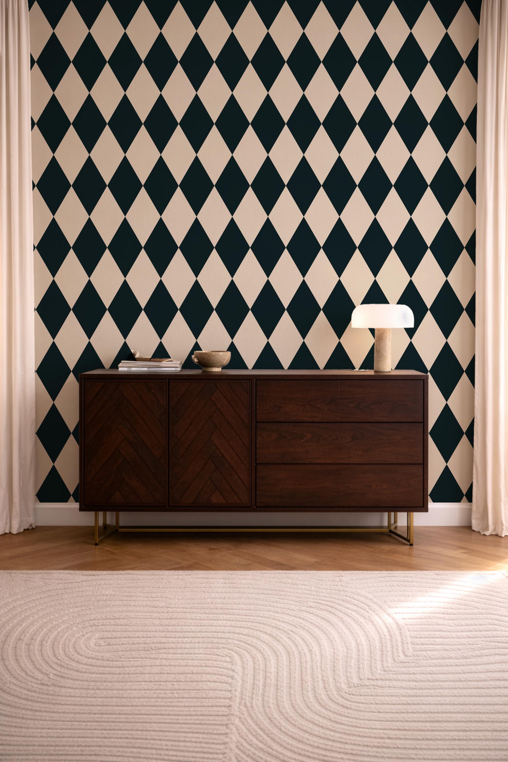 Black and Cream Diamond Wallpaper: vintage elegant checkerboard Harlequin Pattern - FREE SHIPPING