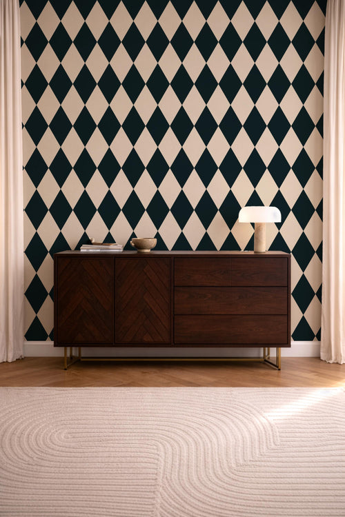 Black and Cream Diamond Wallpaper: vintage elegant checkerboard Harlequin Pattern - FREE SHIPPING