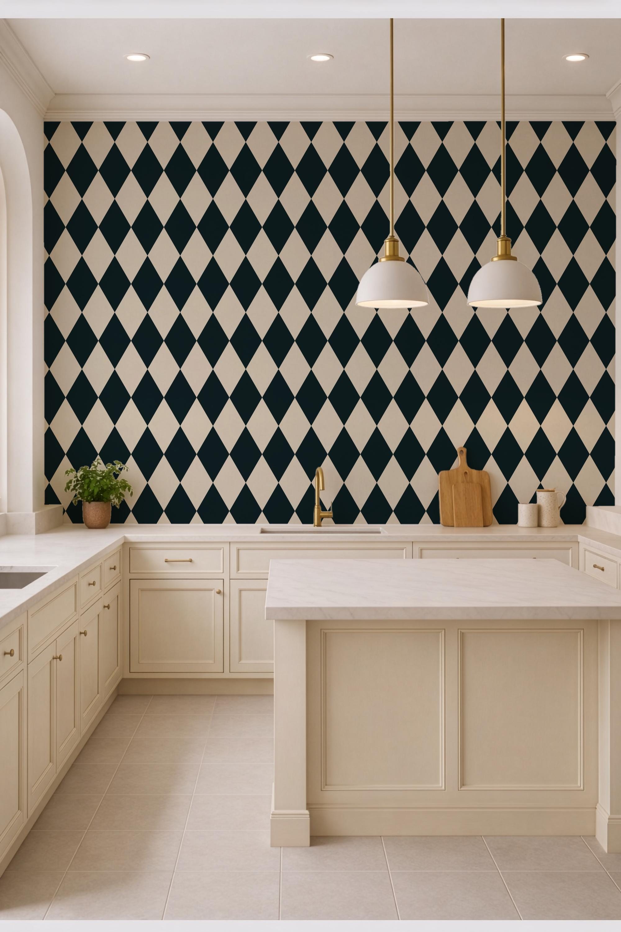 Black and Cream Diamond Wallpaper: vintage elegant checkerboard Harlequin Pattern - FREE SHIPPING