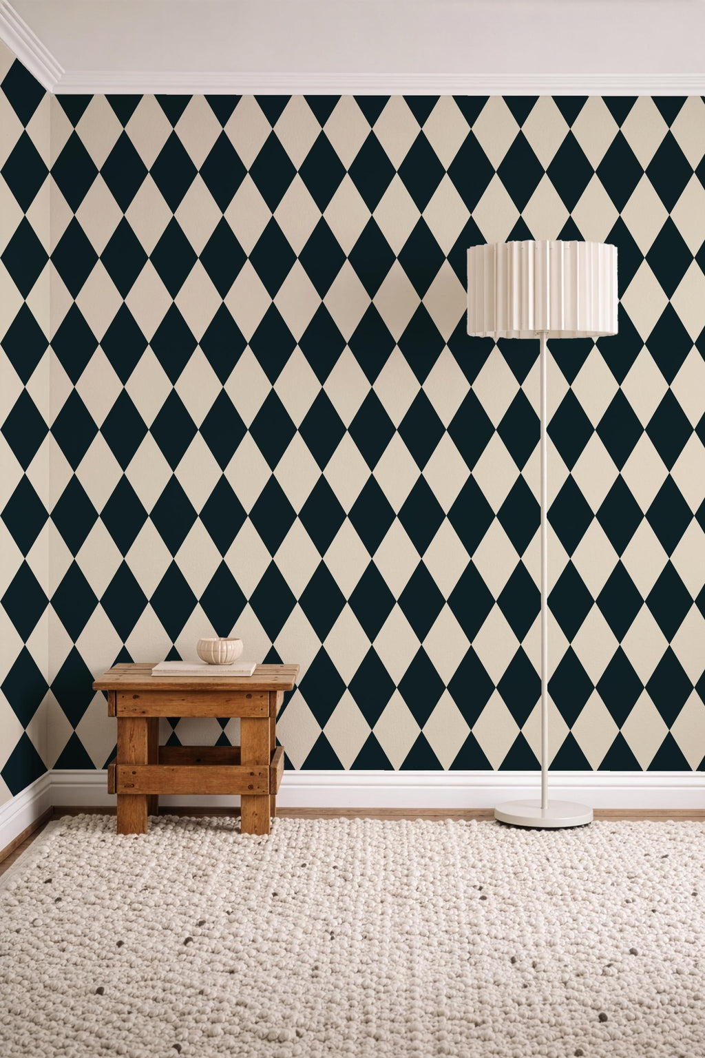 Black and Cream Diamond Wallpaper: vintage elegant checkerboard Harlequin Pattern - FREE SHIPPING
