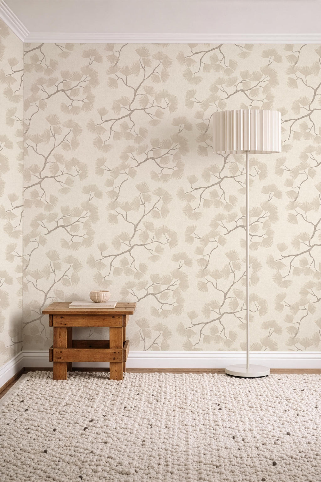 Beige Pine Branch Wallpaper – Minimalist Woodland Wall Decor (Peel and Stick)