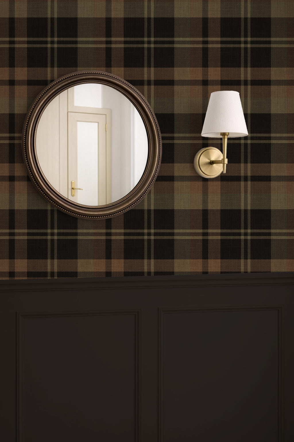 Dark black Plaid removable peel & stick Wallpaper: rustic dark brown olive green Wall covering - cozy farmhouse interior - grasscloth option