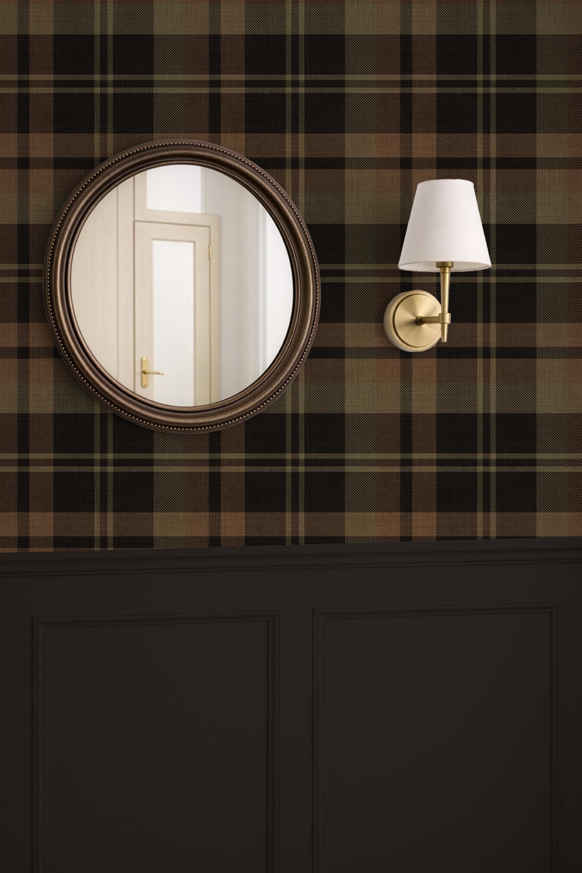Dark black Plaid removable peel & stick Wallpaper: rustic dark brown olive green Wall covering - cozy farmhouse interior - grasscloth option