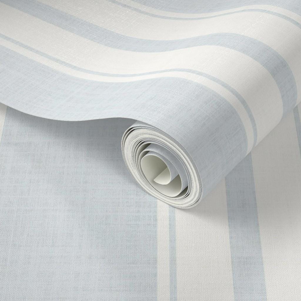 pale blue farmhouse wallpaper ticking stripe removable french blue stripe wall cottage cream stripe linen look peel and stick wall covering