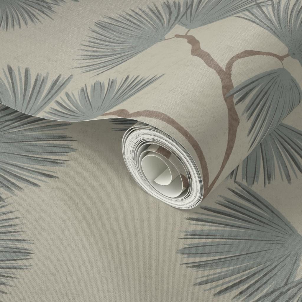 Japandi Pine Branch Wallpaper – Scandinavian Botanical Wall Mural (Grasscloth)
